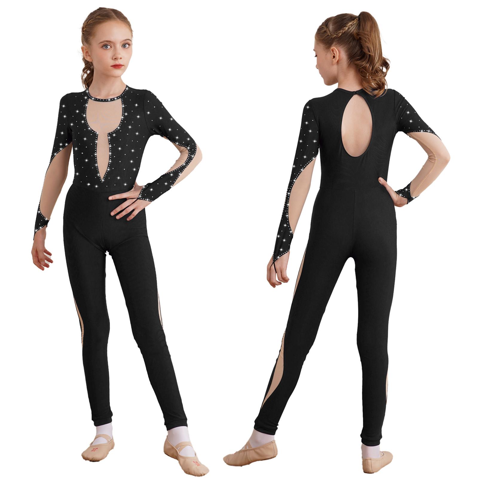 Daenrui Kinderen Meisjes Kunstrijden Gymnastiek Dansvoorstelling Kostuum Jumpsuit Lange Mouw Unitard Bodysuit 9-10 Years zwart