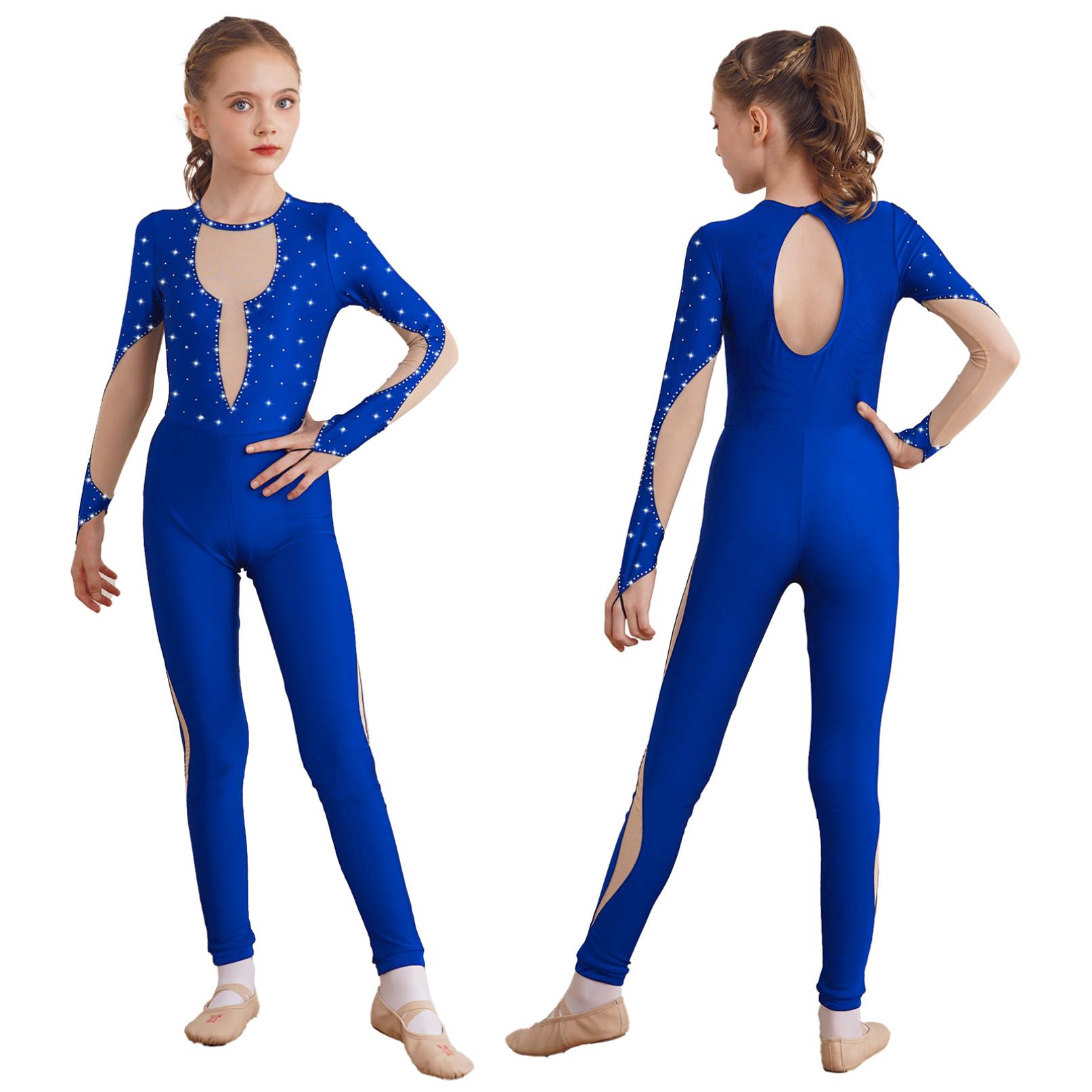 Daenrui Kinderen Meisjes Kunstrijden Gymnastiek Dansvoorstelling Kostuum Jumpsuit Lange Mouw Unitard Bodysuit 11-12 Years koningsblauwe kleur