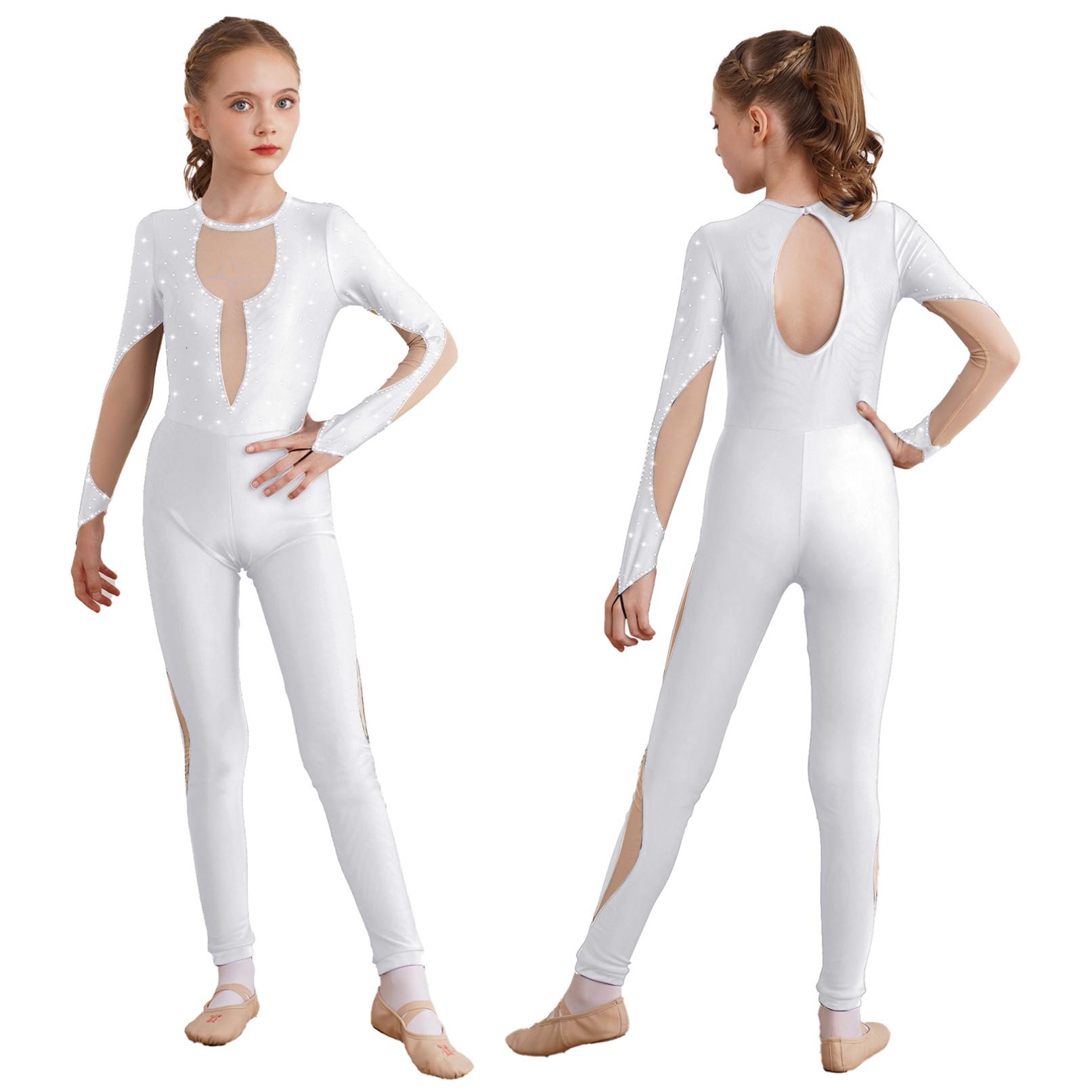 Daenrui Kinderen Meisjes Kunstrijden Gymnastiek Dansvoorstelling Kostuum Jumpsuit Lange Mouw Unitard Bodysuit 9-10 Years wit