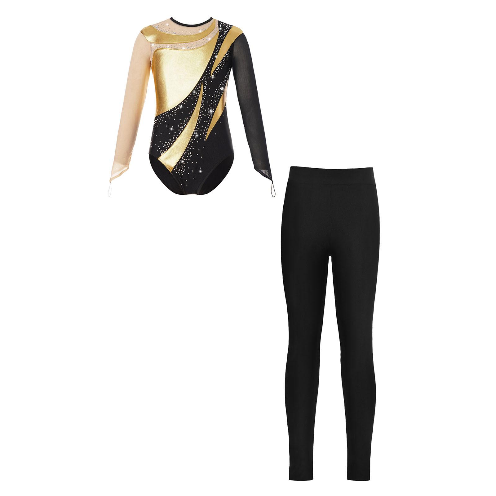 Fldy Gymnastiekmaillots voor kinderen met lange mouwen en ronde hals met leggings Atletische dansoutfits 9-10 Years goud