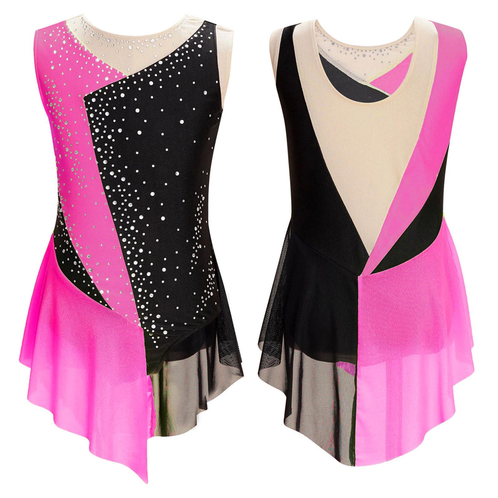 HULIJA Kinderen meisjes sprankelend strass turnpakje pure mesh patchwork mouwloze dansgymnastiek kunstschaatsjurk 5-6 Years warm roze kleur