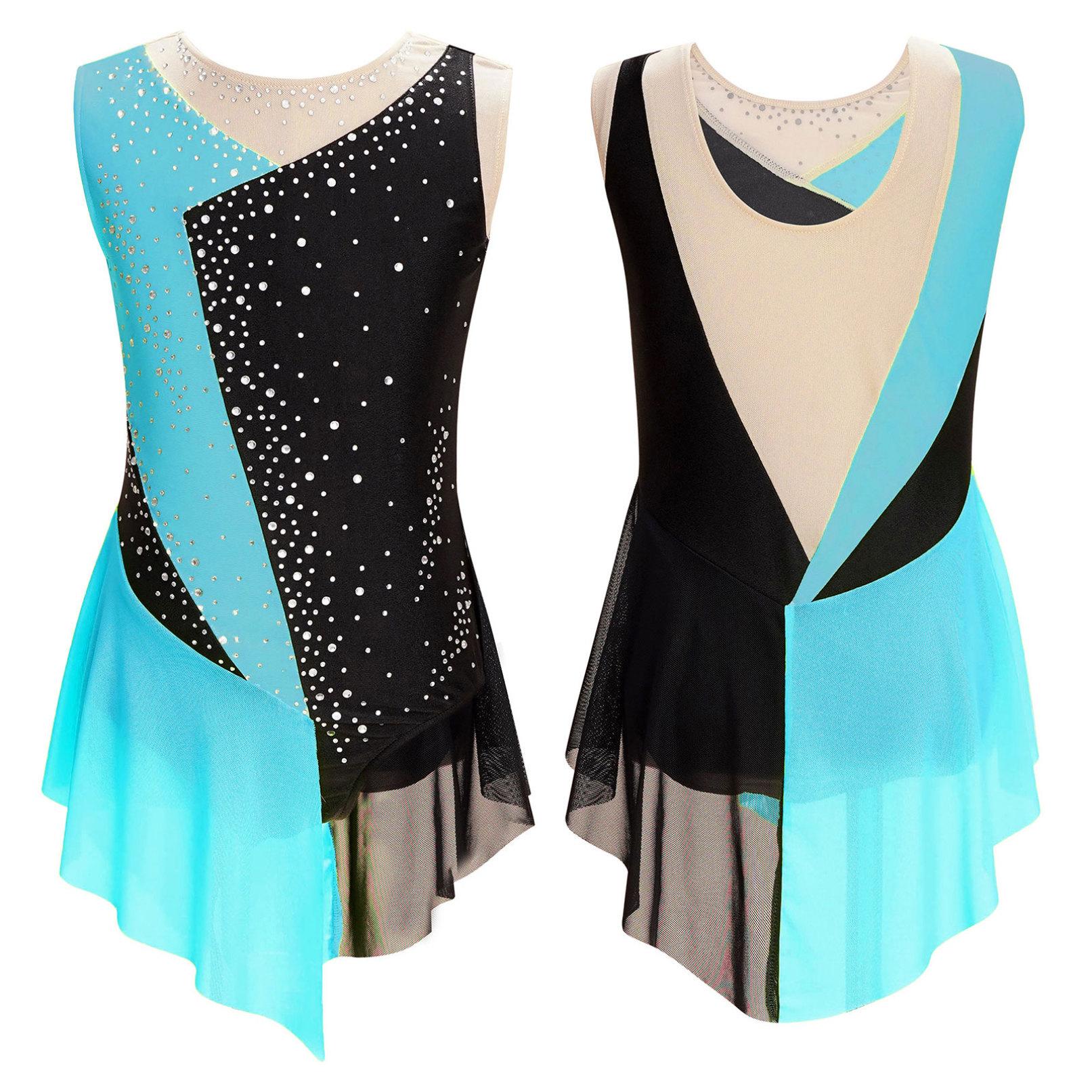 HULIJA Kinderen meisjes sprankelend strass turnpakje pure mesh patchwork mouwloze dansgymnastiek kunstschaatsjurk 9-10 Years