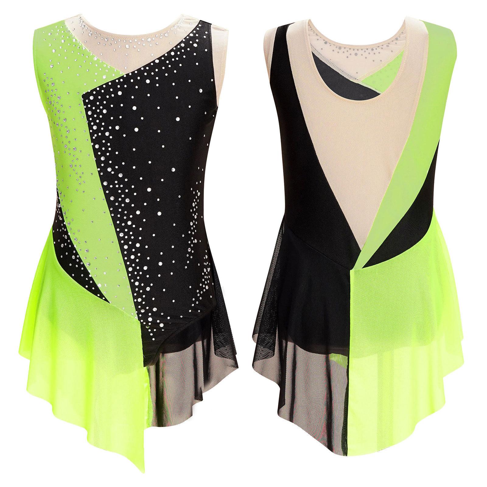 Sywiyi Kinderen meisjes glanzende strass pure mesh mouwloze bodysuit ballet kunstschaatsen gymnastiek turnpakje jurk 7-8 Years fluorescerende groene kleur