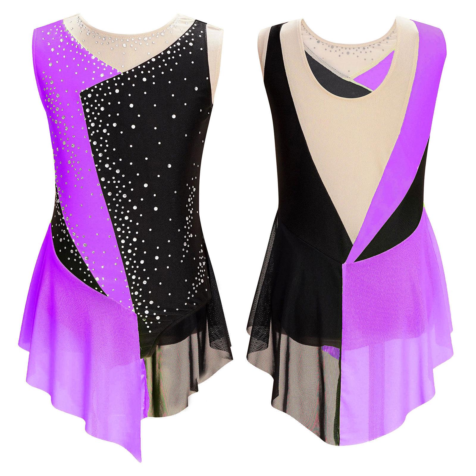 Sywiyi Kinderen meisjes glanzende strass pure mesh mouwloze bodysuit ballet kunstschaatsen gymnastiek turnpakje jurk 5-6 Years paars