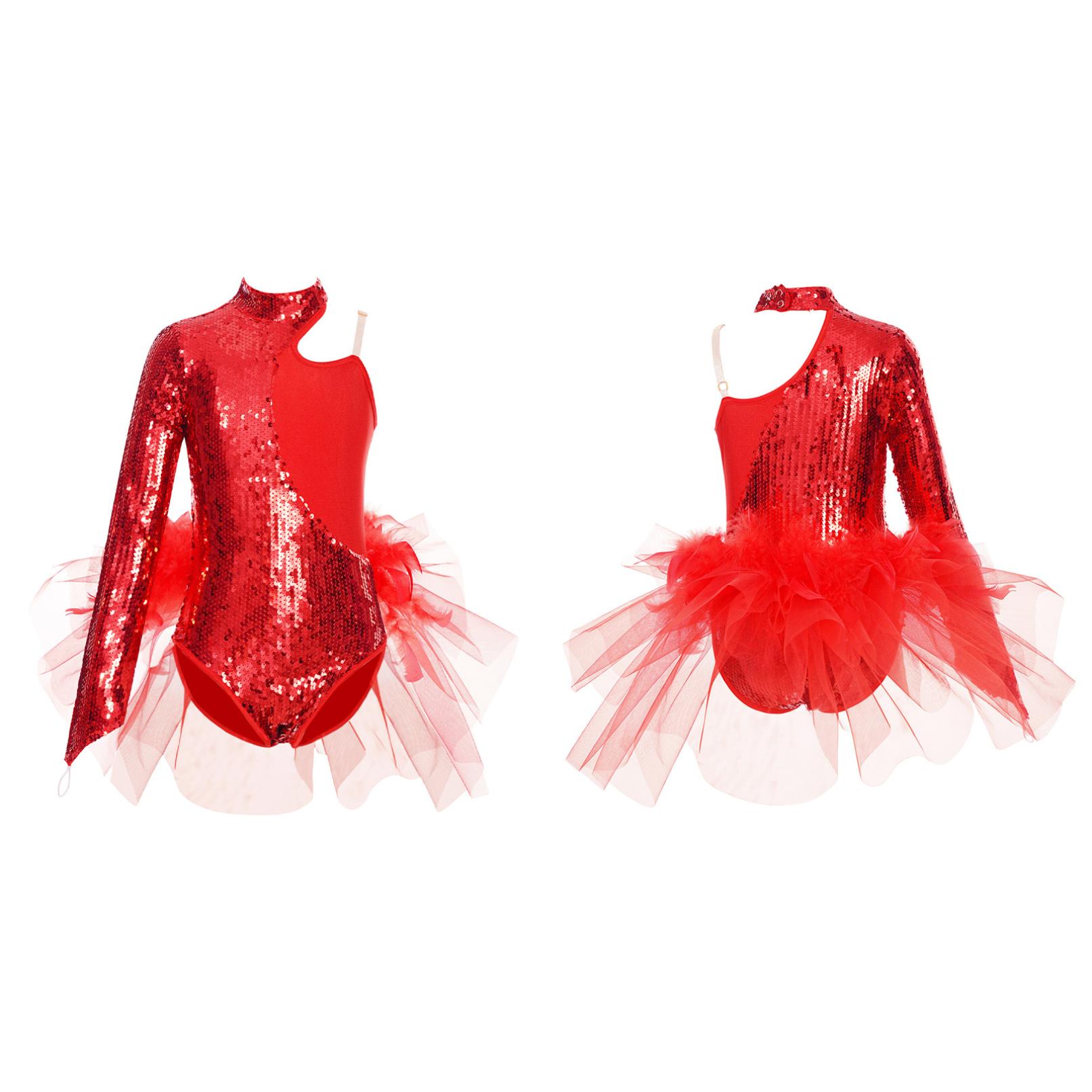 Daenrui Kinderen meisjes dansvoorstelling kostuum sprankelende pailletten lange mouw turnpakje tule rok bodysuit 5-6 Years rood