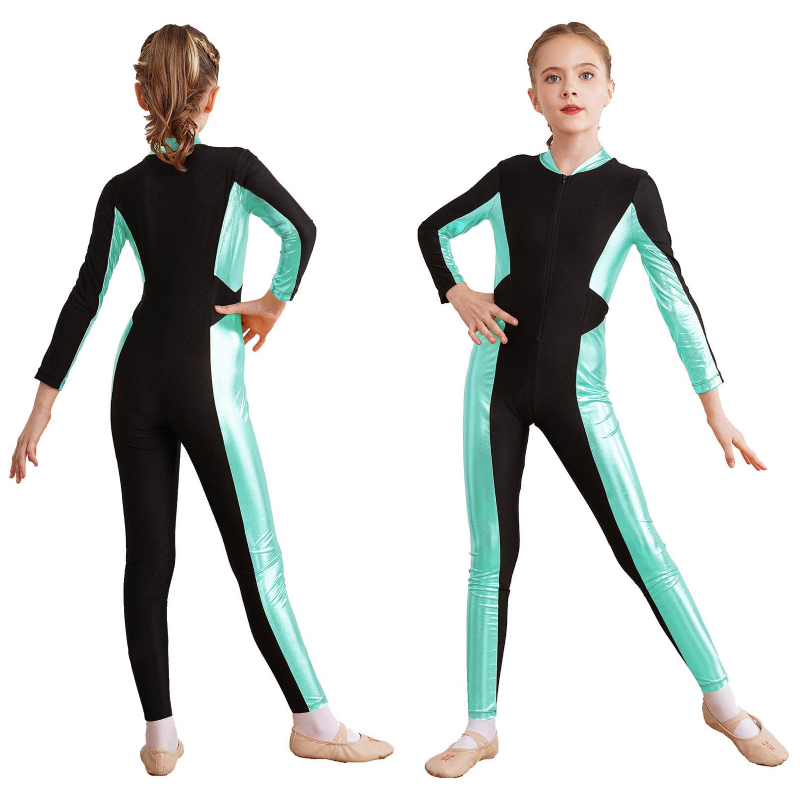 Daenrui Meisjes Dans Unitard Schaatsen Jumpsuit Eendelig bodysuit met lange mouwen Gymnastiek Turnpakje 9-10 Years blauw/groen
