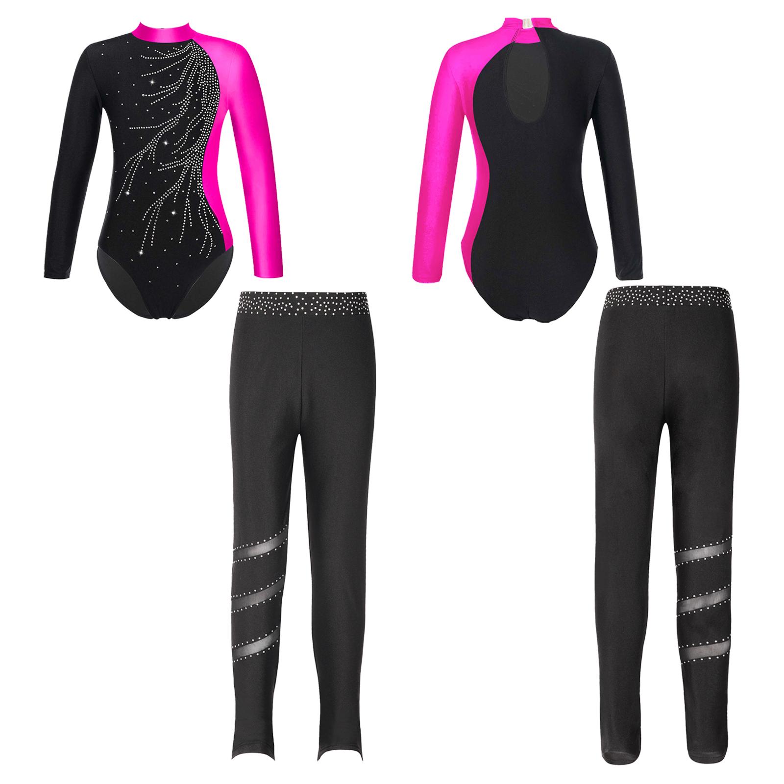 Aislor Kinderen Meisjes 2 Stuks Gymnastiek Dansoutfits Maillots met lange mouwen en legging Atletische Biketards Unitards 11-12 Years