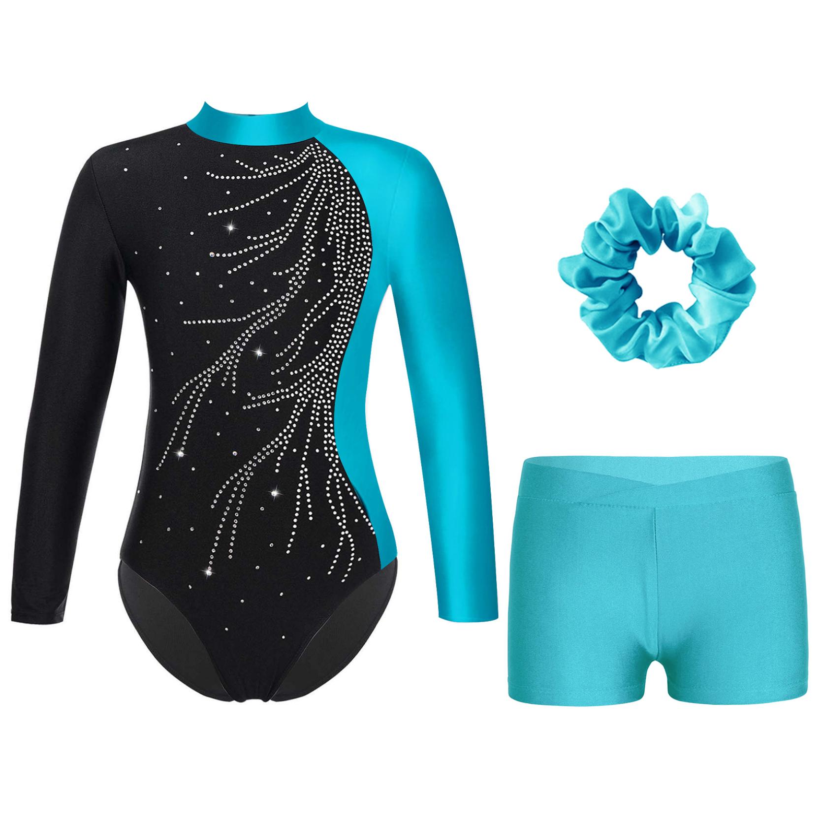 IEFiEL 2 Kinderen meisjes Gymnastiekdansoutfit Mock Neck Lange mouw Glanzend Strass Versierd Keyhole Back Turnpakje met V-voorkant Tailleband Shorts Haarband 11-12 Years meer blauwe kleur