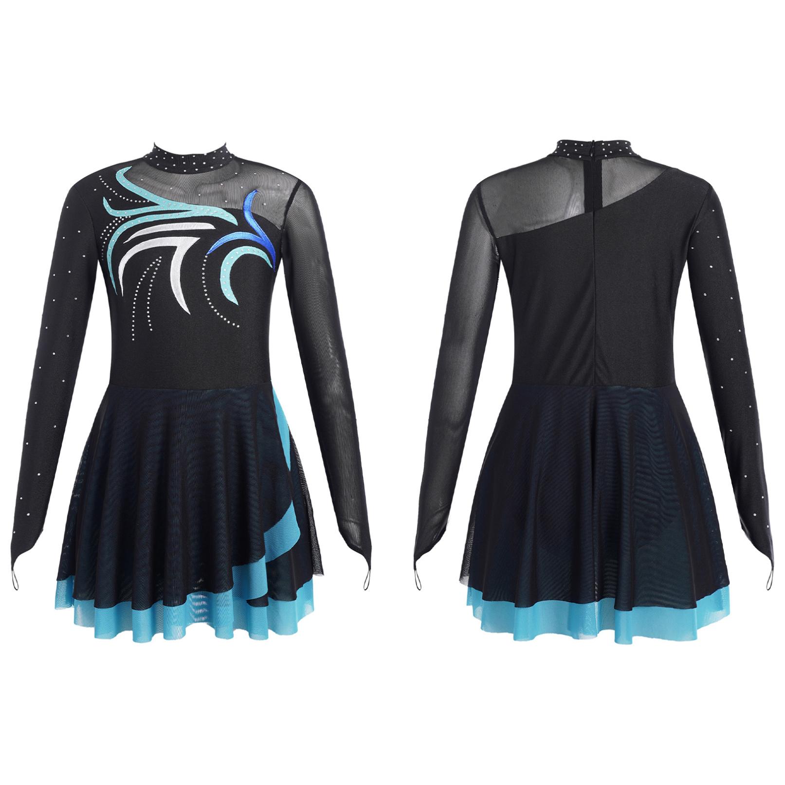 Manyakai Kinderen Meisjes Kunstschaatsen Jurk Mesh Patchwork Lange Mouwen Ballet Dans Leotards Jurk Gymnastiek Outfits 11-12 Years