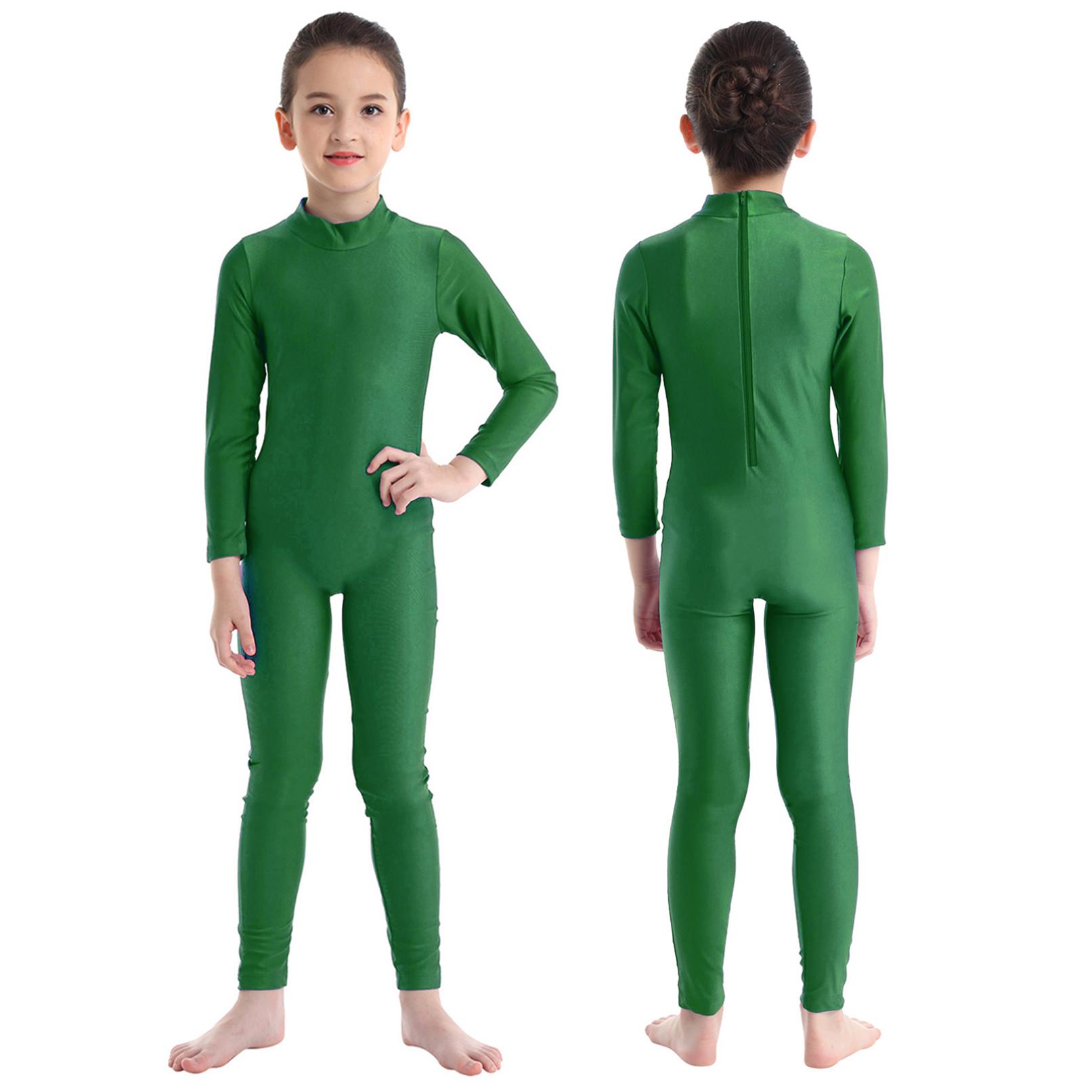 Yeahdor Kinderen Meisjes Lange Mouwen Ritssluiting Mock Neck Full Body Pak Ballet Dans Gymnastiek Unitard Jumpsuit 9-10 Years groen