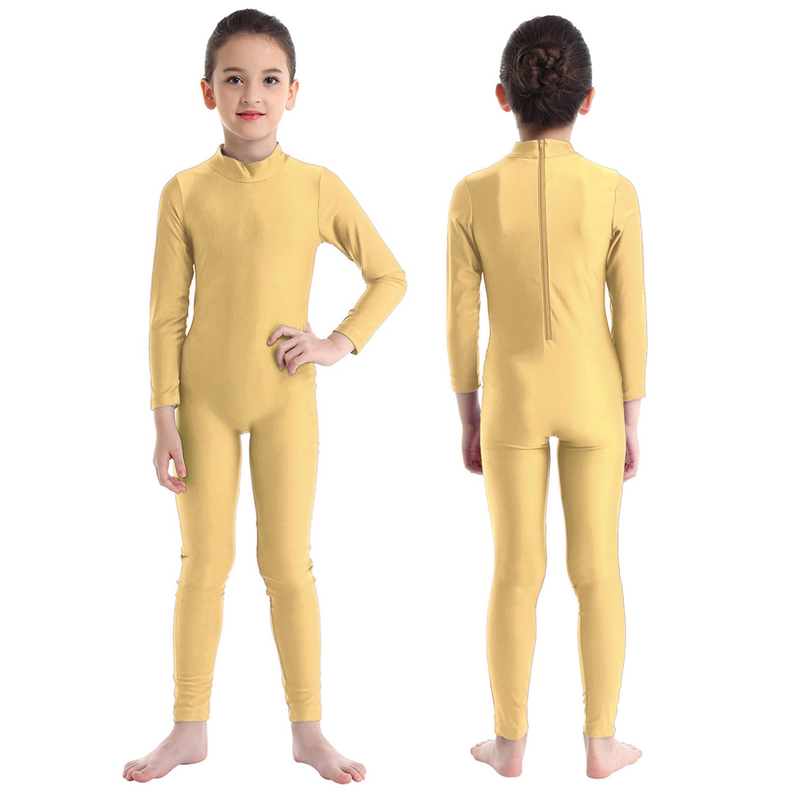 Yeahdor Kinderen Meisjes Lange Mouwen Ritssluiting Mock Neck Full Body Pak Ballet Dans Gymnastiek Unitard Jumpsuit 7-8 Years nude