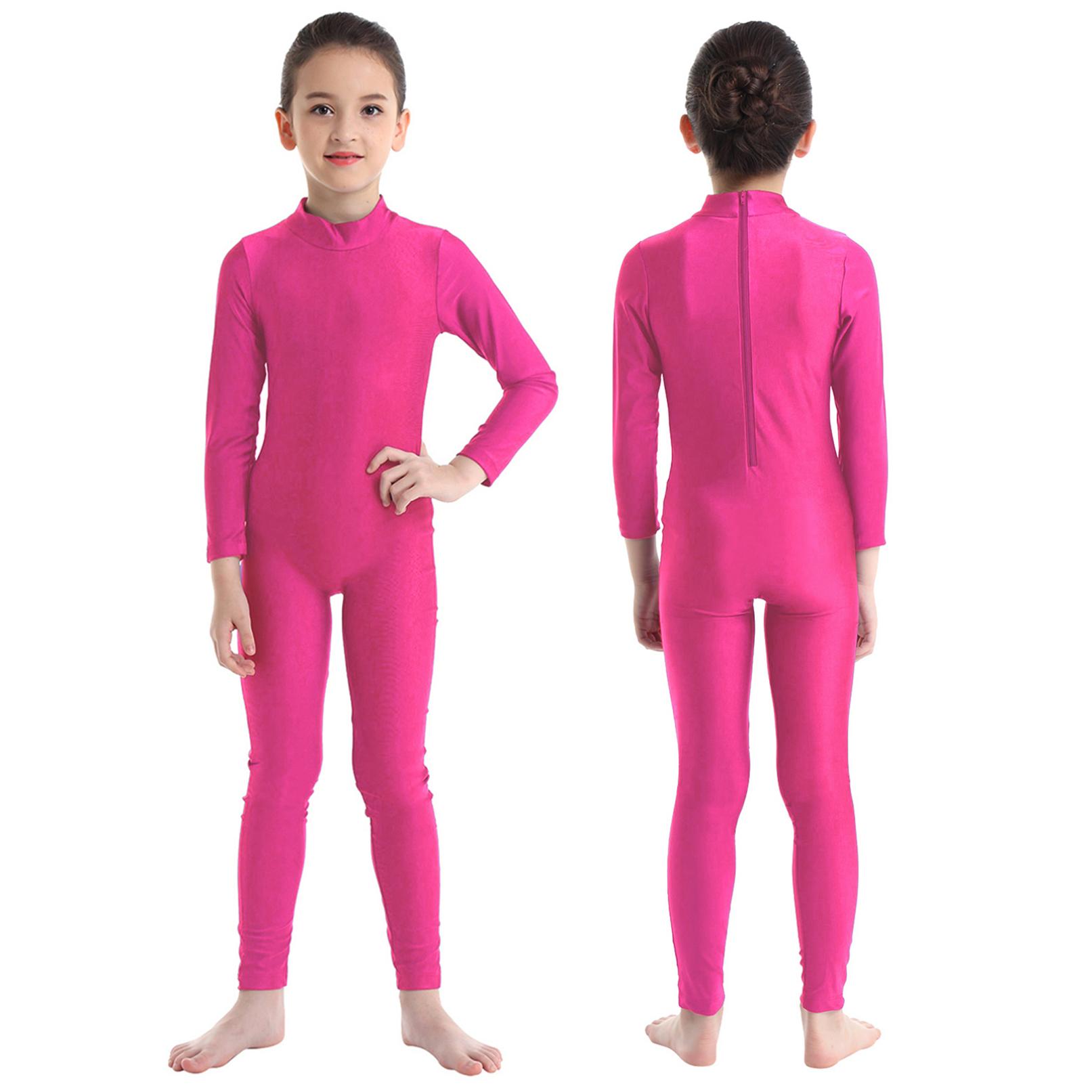 Yeahdor Kinderen Meisjes Lange Mouwen Ritssluiting Mock Neck Full Body Pak Ballet Dans Gymnastiek Unitard Jumpsuit 11-12 Years helder roze