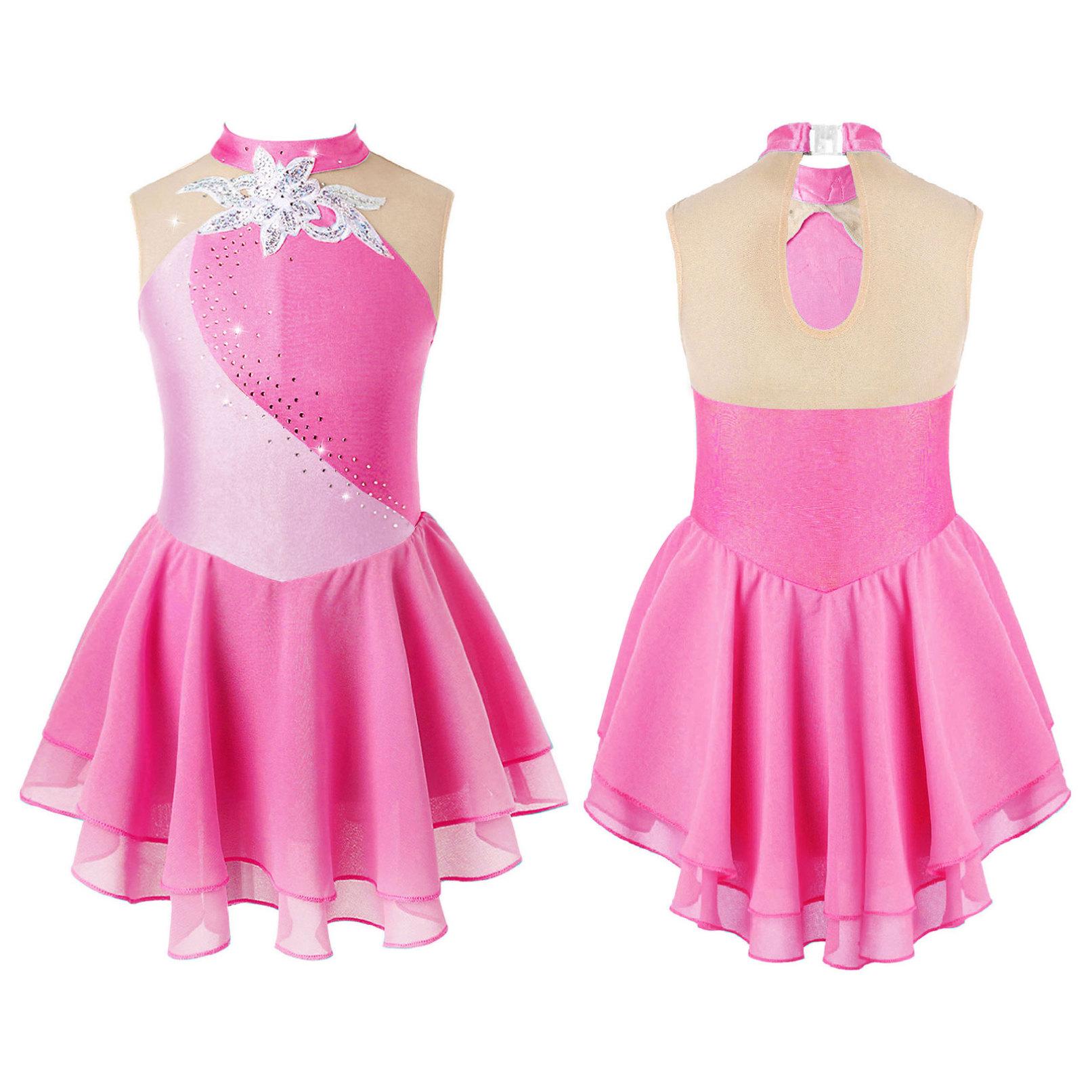 YOOJIA Kunstschaatsjurk voor meisjes, kinderballetdansjurk, kindergymnastiek, lyrische dansjurk, kostuums 5-6 Years roze