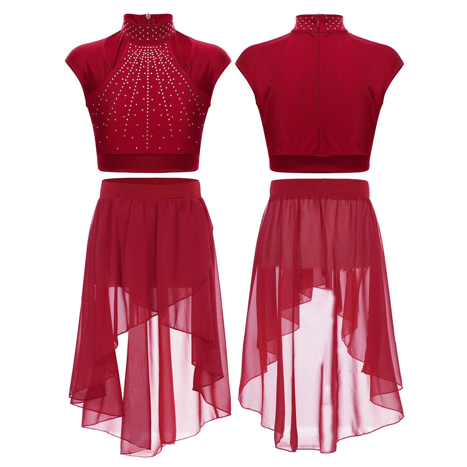 Sywiyi Meisjes Lyrical Dance Dress Crop Top met Tutu Rok Tweedelige Danskleding Gymnastiekoutfits 11-12 Years bordeaux