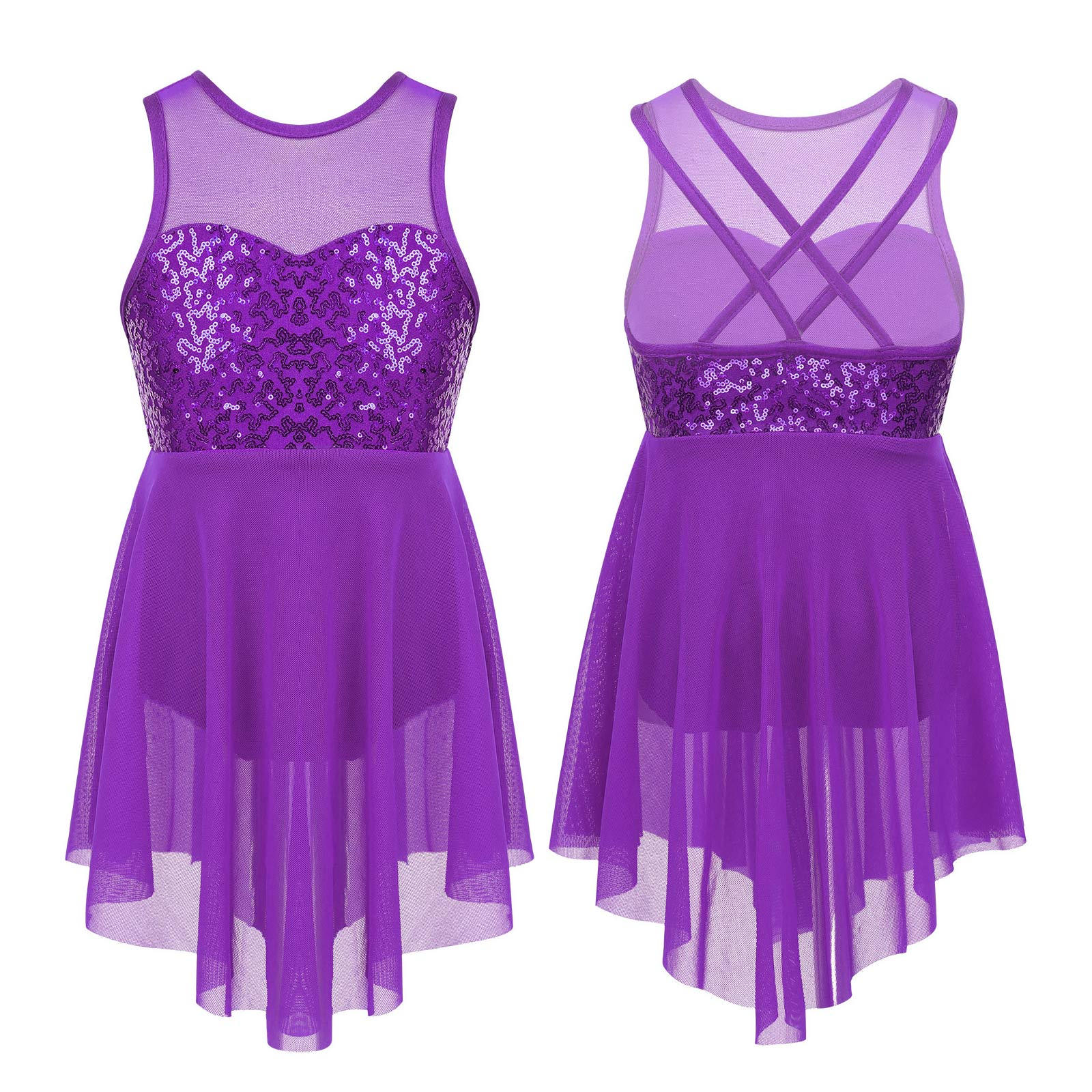 IEFiEL 2 Kinderen Meisjes Ballet Dans Leotard Jurk Pailletten Criss-Cross Rug Onregelmatige Zoom Lyrische Dans Kostuum Jurk 15-16 Years paars