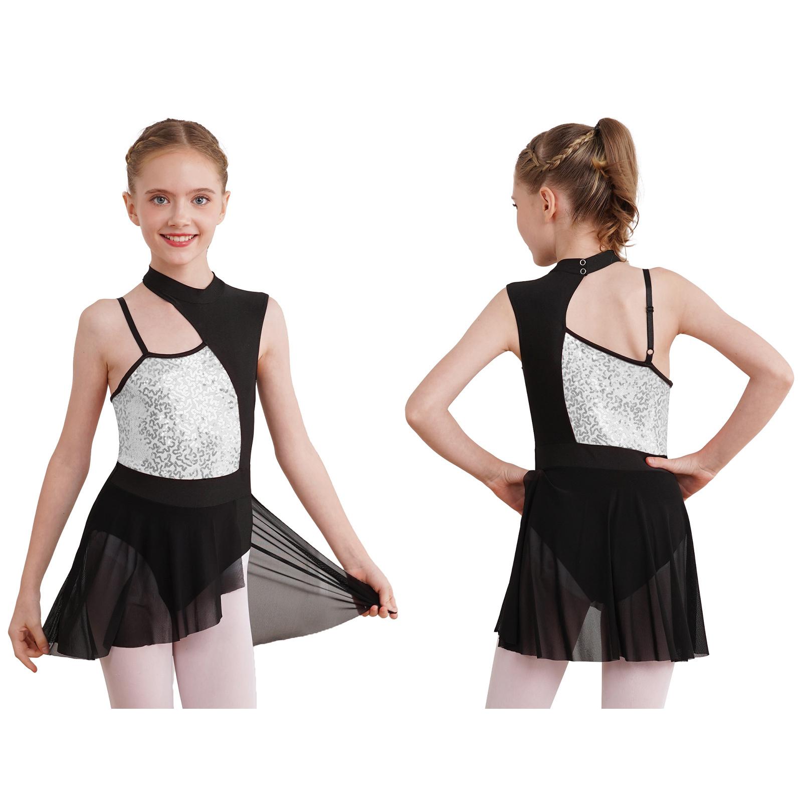 YOOJIA Meisjes Mock-Neck Knipsel Terug Lyrische Dans Jurk Kostuums voor Hedendaags Ballet Dans dragen Turnpakje Wikkelrok 13-14 Years zilver