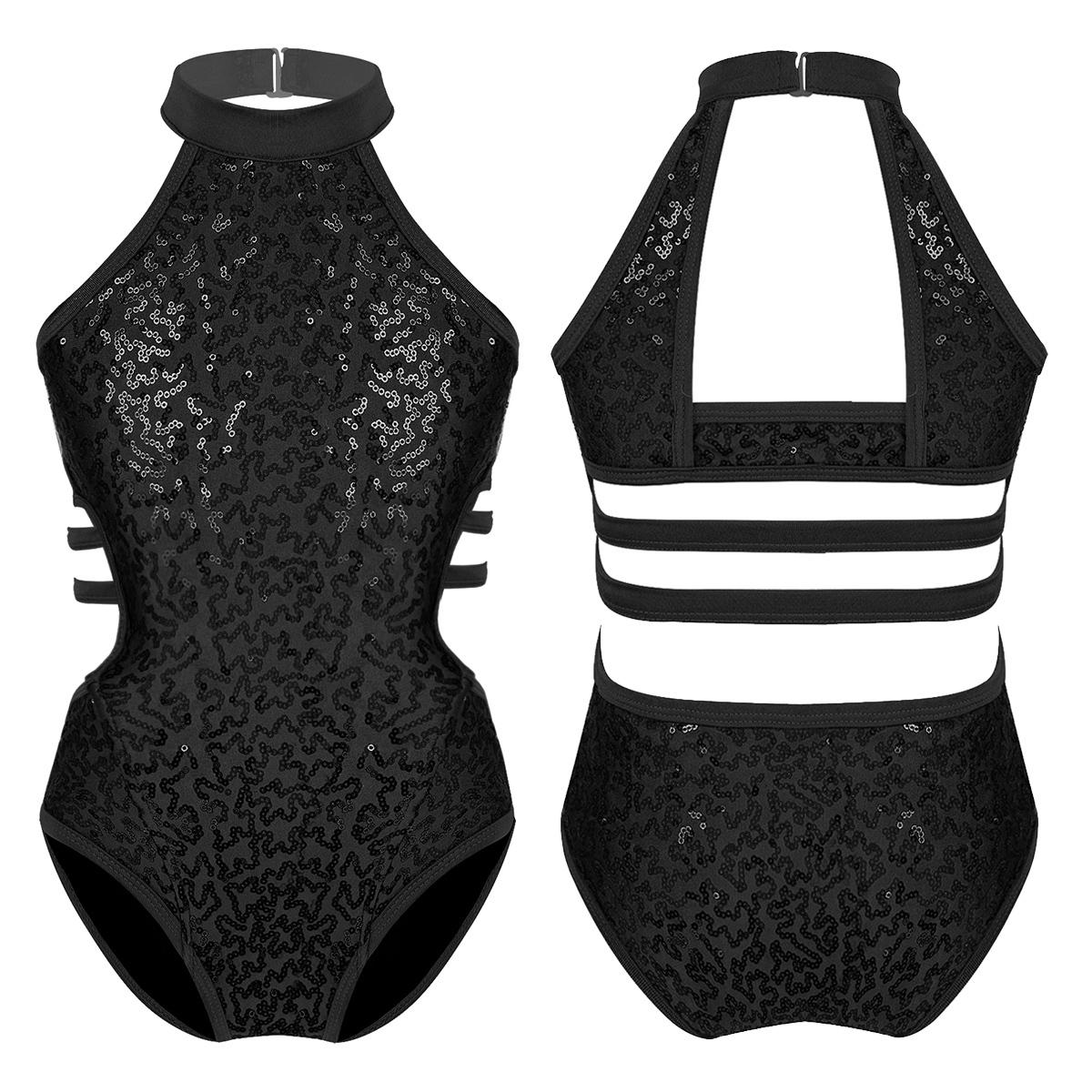 IEFiEL 2 Kinderen Meisjes Halter-Nek Pailletten Ballet Dans Sport Leotard Bodysuit voor Atletische Ballerina Danskleding Kostuum 10-12 Years zwart