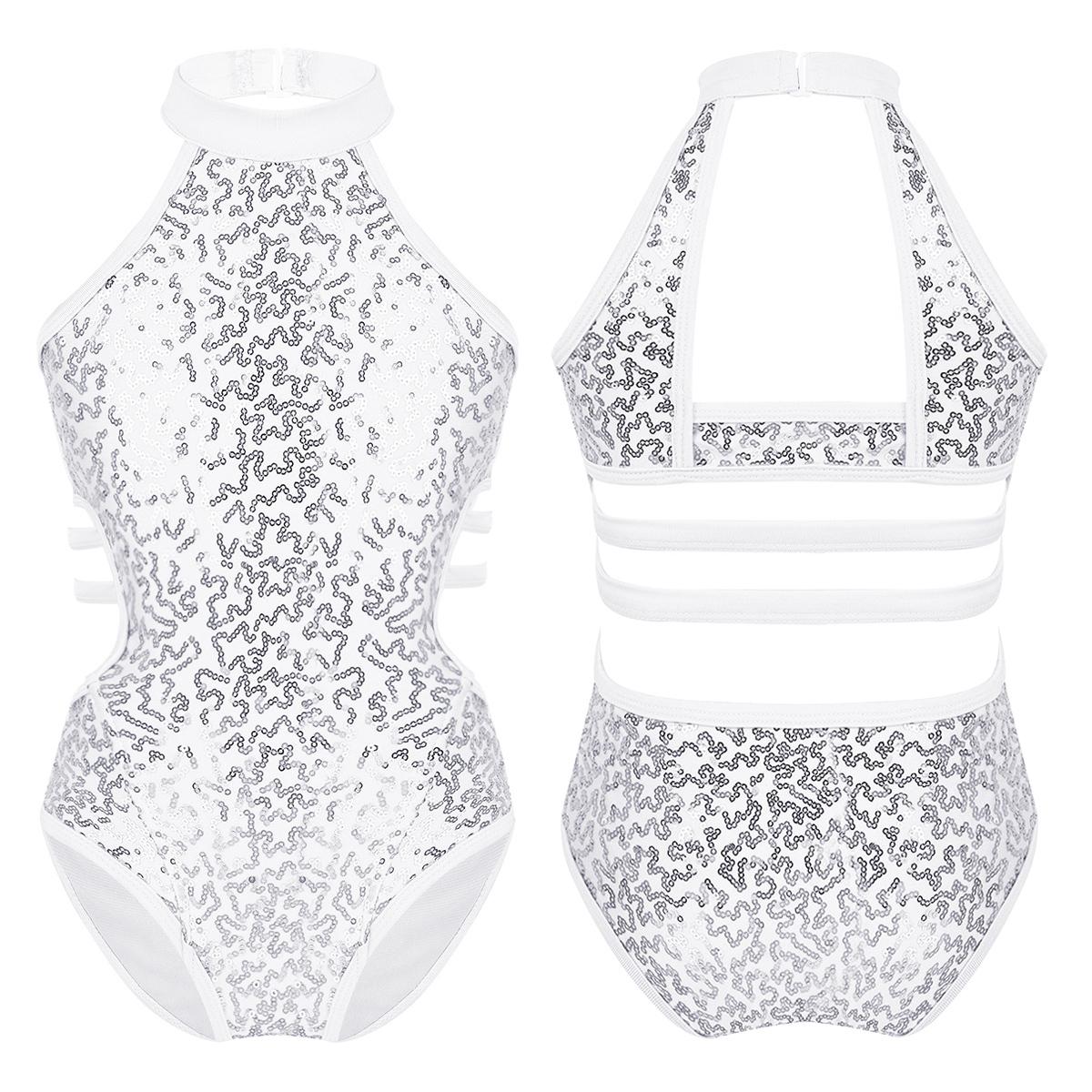 IEFiEL 2 Kinderen Meisjes Halter-Nek Pailletten Ballet Dans Sport Leotard Bodysuit voor Atletische Ballerina Danskleding Kostuum 7-8 Years wit