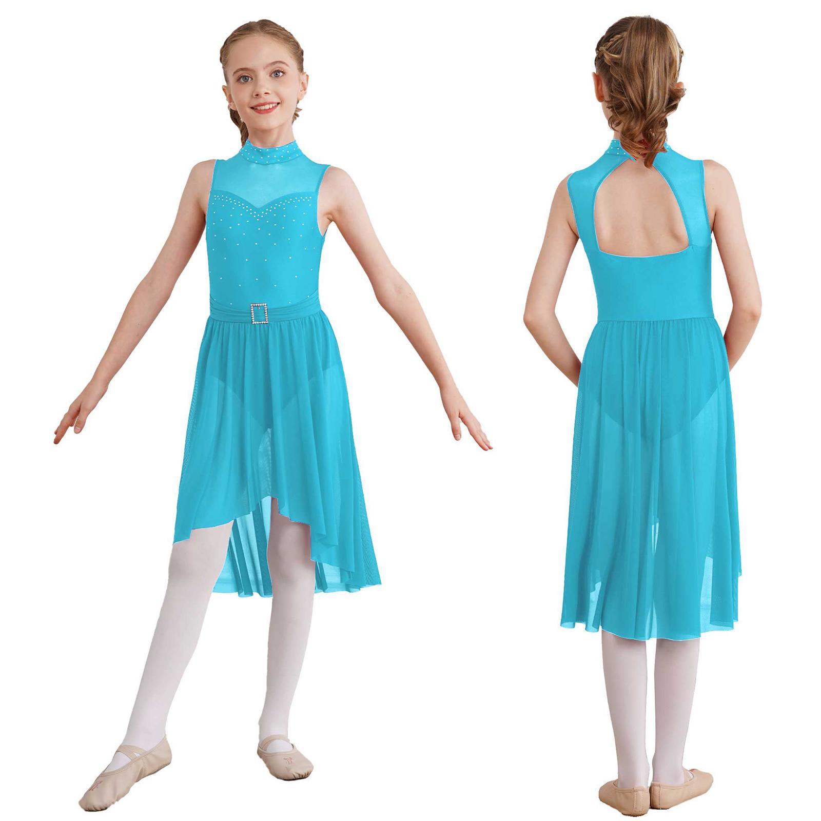 Tiaobug Kinderen Meisjes Mouwloze Strass Nep Hals Kunstschaats Jurk Leotard Ballet Lyrische Dans Kostuum 7-8 Years turquoise