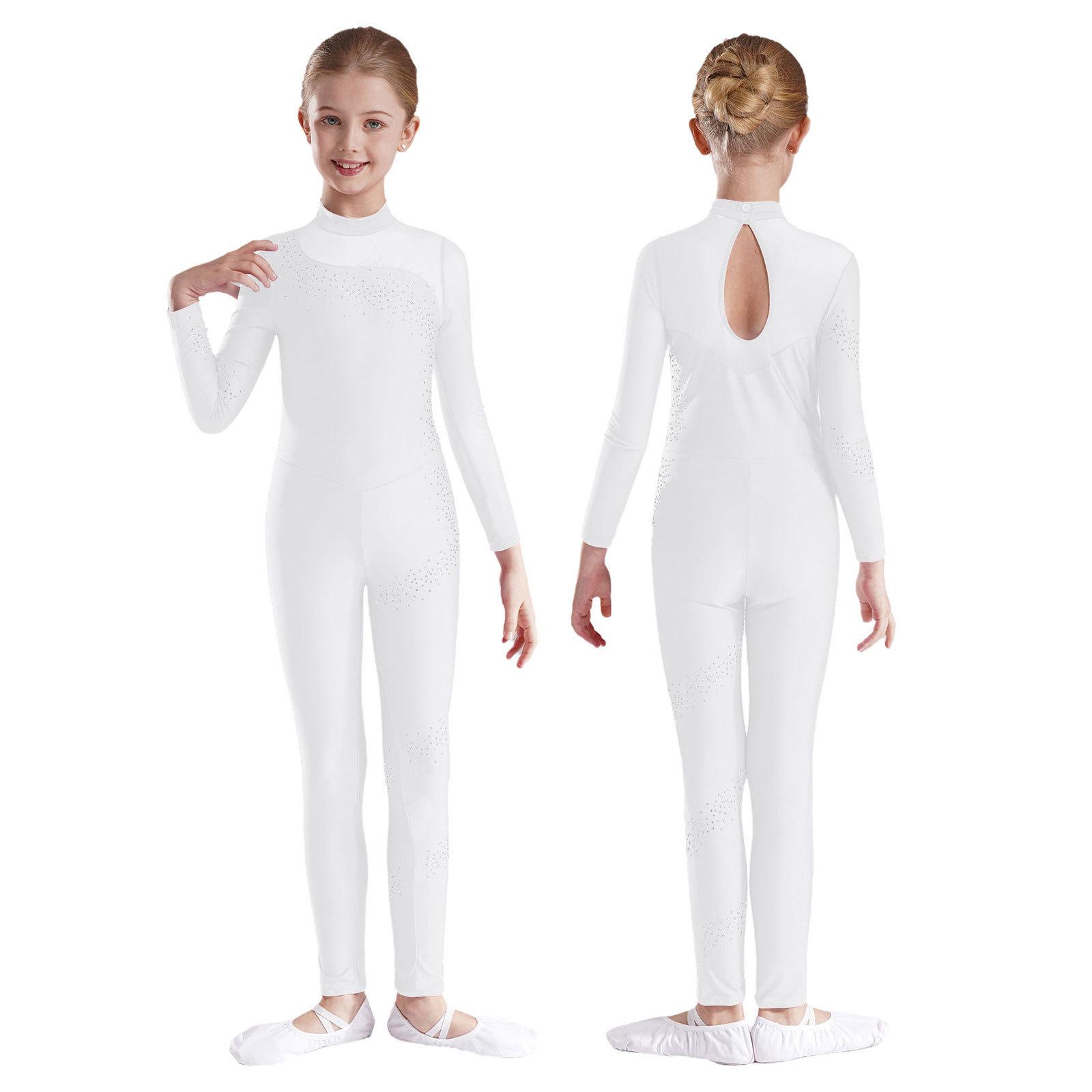 Yunduantong-electronic Meisjes Mesh Splice Ballet Dans Leotard Kunstschaatsen Danskleding Gymnastiek Atletische Actieve Kleding Bodysuit Volledige Lengte Jumpsuit 9-10 Years wit