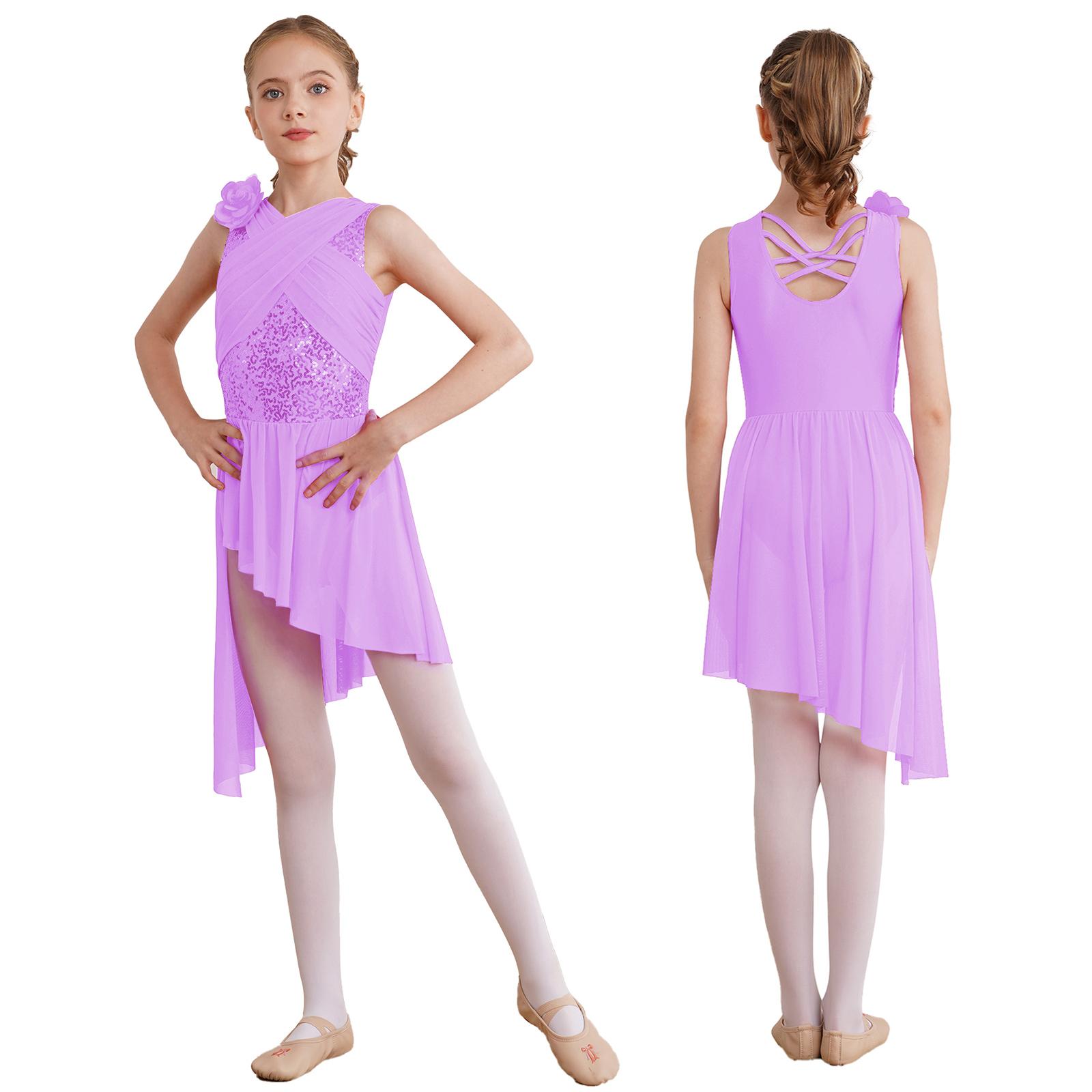 Ranrann Kinderen Meisjes Lyrische Dansjurk Ballet Gymnastiek Leotards Kunstschaatskostuum Glanzende Pailletten Latijnse Jazz Danskleding 7-8 Years lichtpaarse kleur