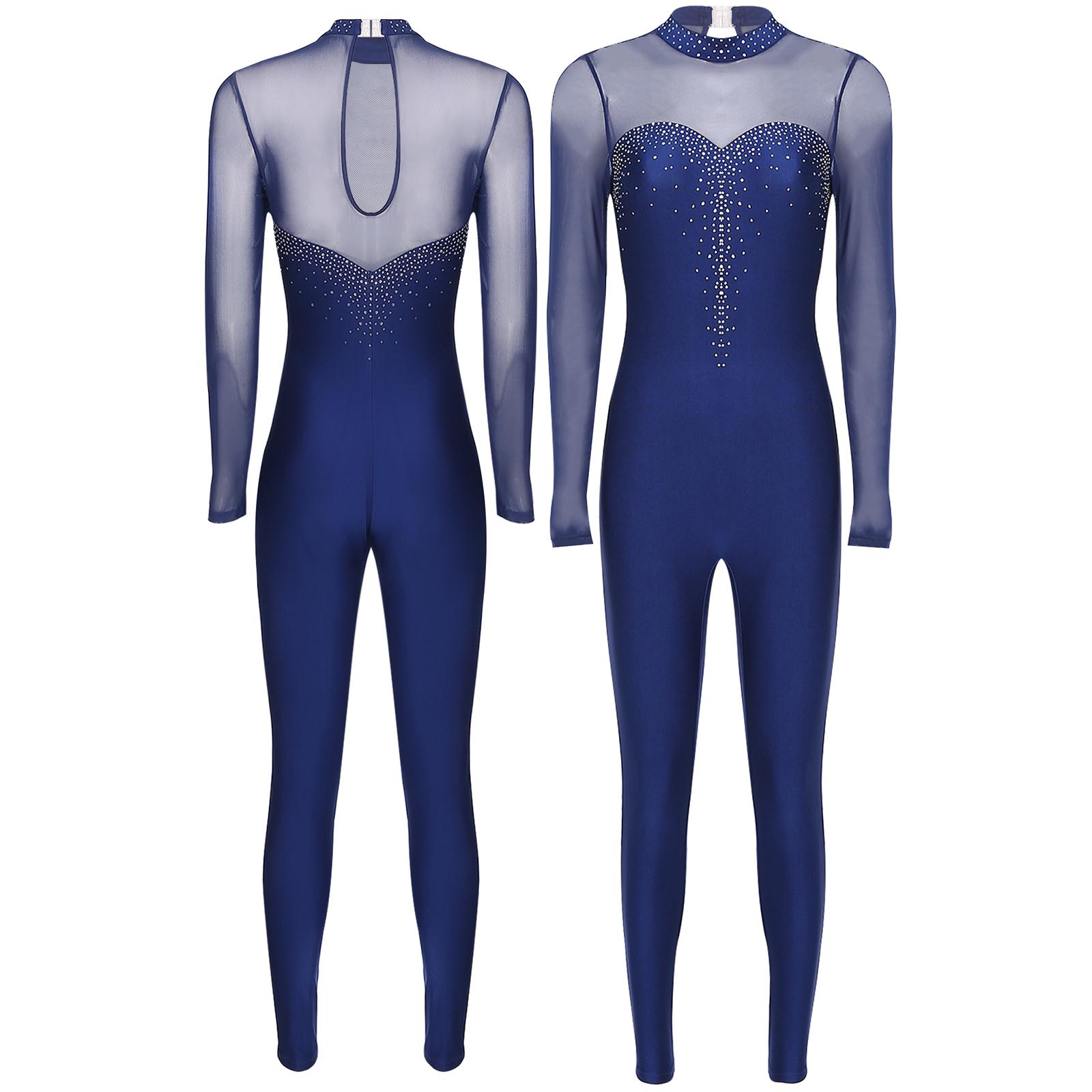 YOOJIA Vrouwen Glinsterende Strass Jumpsuit Transparante Mesh Patchwork Lange Mouw Keyhole Rug Bodysuit voor Kunstschaatsen Dans Gymnastiek Prestaties S marineblauwe kleur