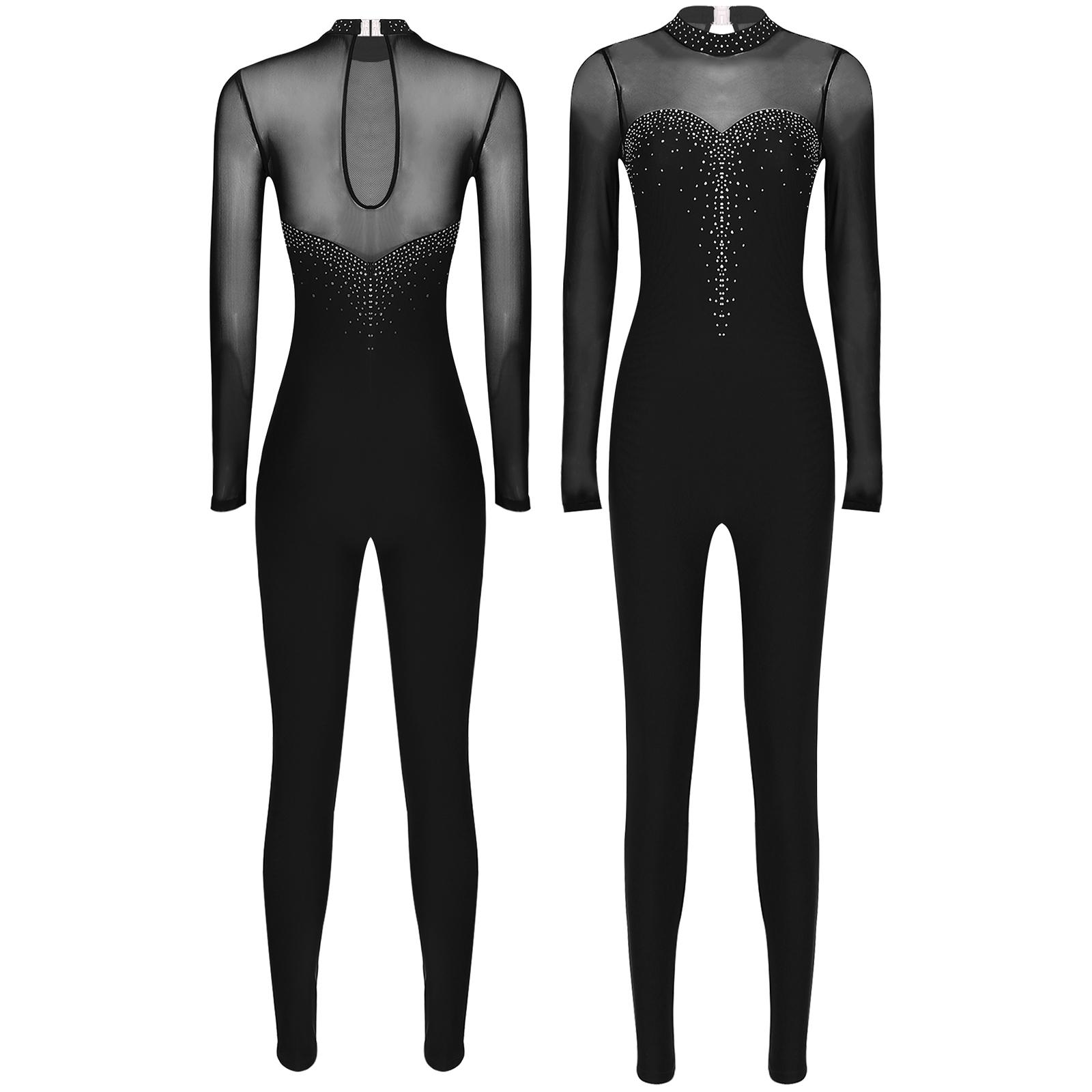YOOJIA Vrouwen Glinsterende Strass Jumpsuit Transparante Mesh Patchwork Lange Mouw Keyhole Rug Bodysuit voor Kunstschaatsen Dans Gymnastiek Prestaties M zwart