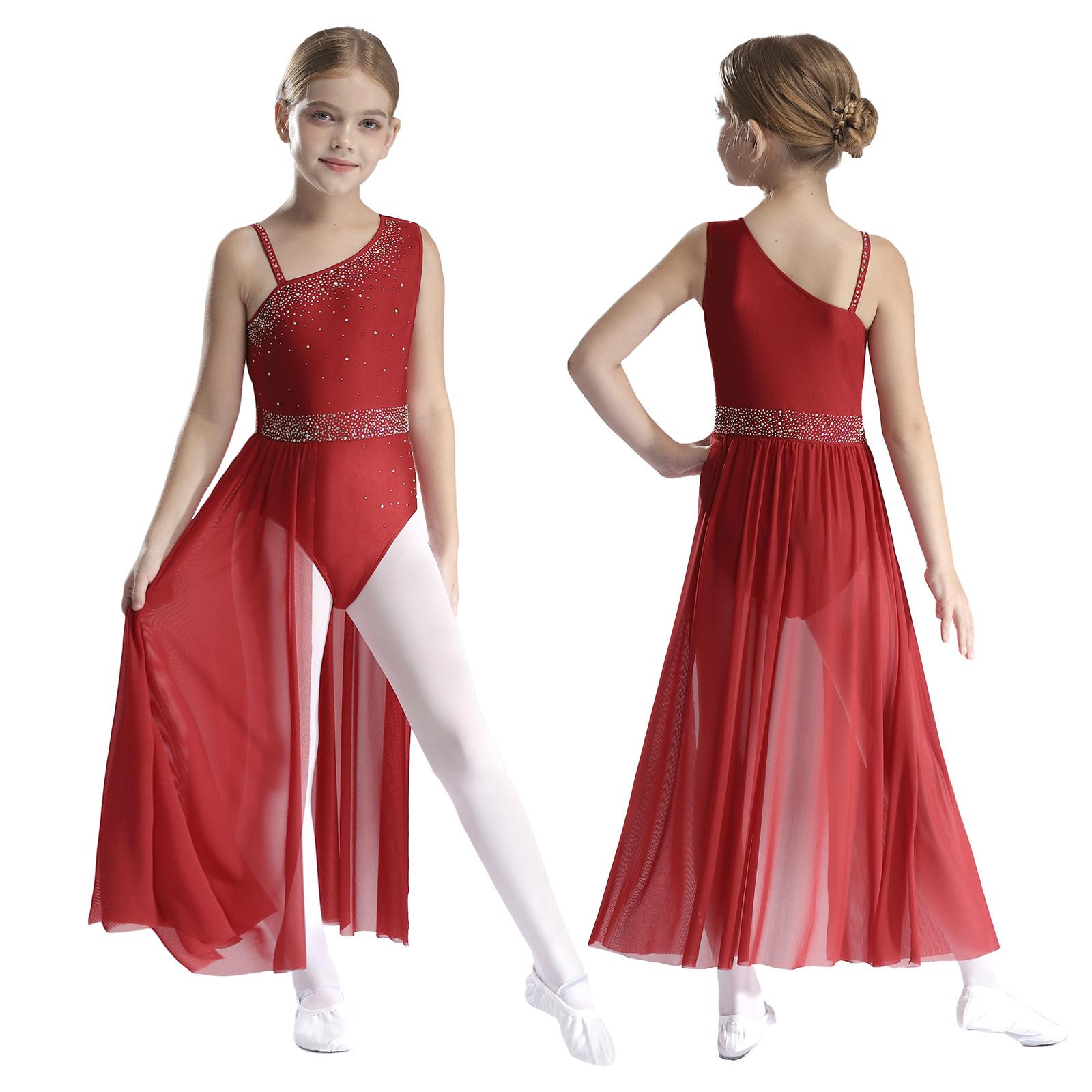 YOOJIA Kinderen Meisjes Ballet Lyrical Modern Dans Kostuum Glinsterende Strass Doorschijnend Mesh Rok Gymnastiek Leotard Schaatsen Dans Kostuum 9-10 Years bordeaux