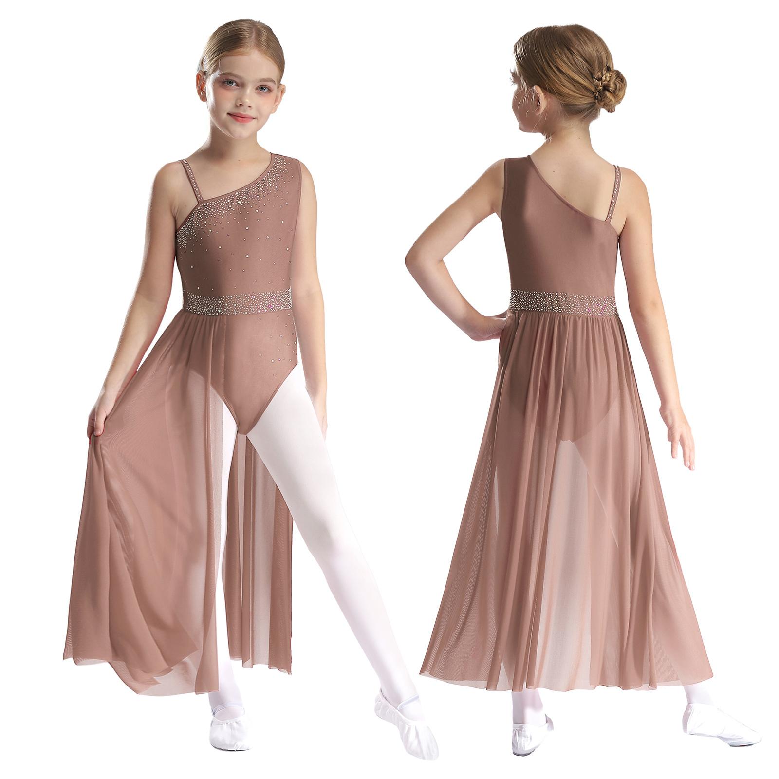 YOOJIA Kinderen Meisjes Ballet Lyrical Modern Dans Kostuum Glinsterende Strass Doorschijnend Mesh Rok Gymnastiek Leotard Schaatsen Dans Kostuum 11-12 Years stofstorm kleur
