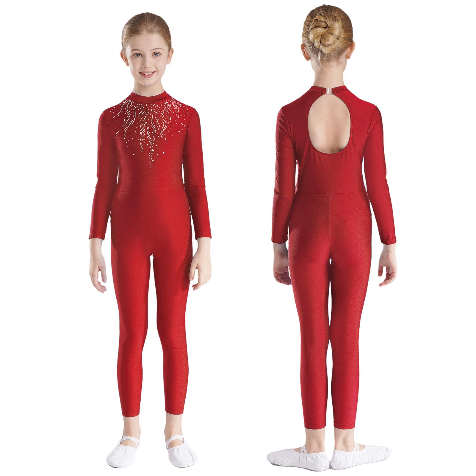 Yunduantong-electronic Girls Rhinestones Decor Long Sleeve Jumpsuit for Ballet Gymnastics Acrobatics Yoga Workout Full Body Stretch Figure Skating Unitard 5-6 Years