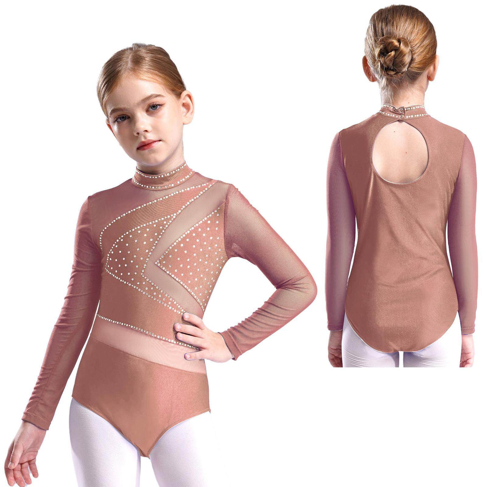 HULIJA Meisjes gymnastiek kunstschaatsen danskostuum glinsterende strass ballet maillot unitard doorschijnende mesh lange mouwen jumpsuit 5-6 Years bruin