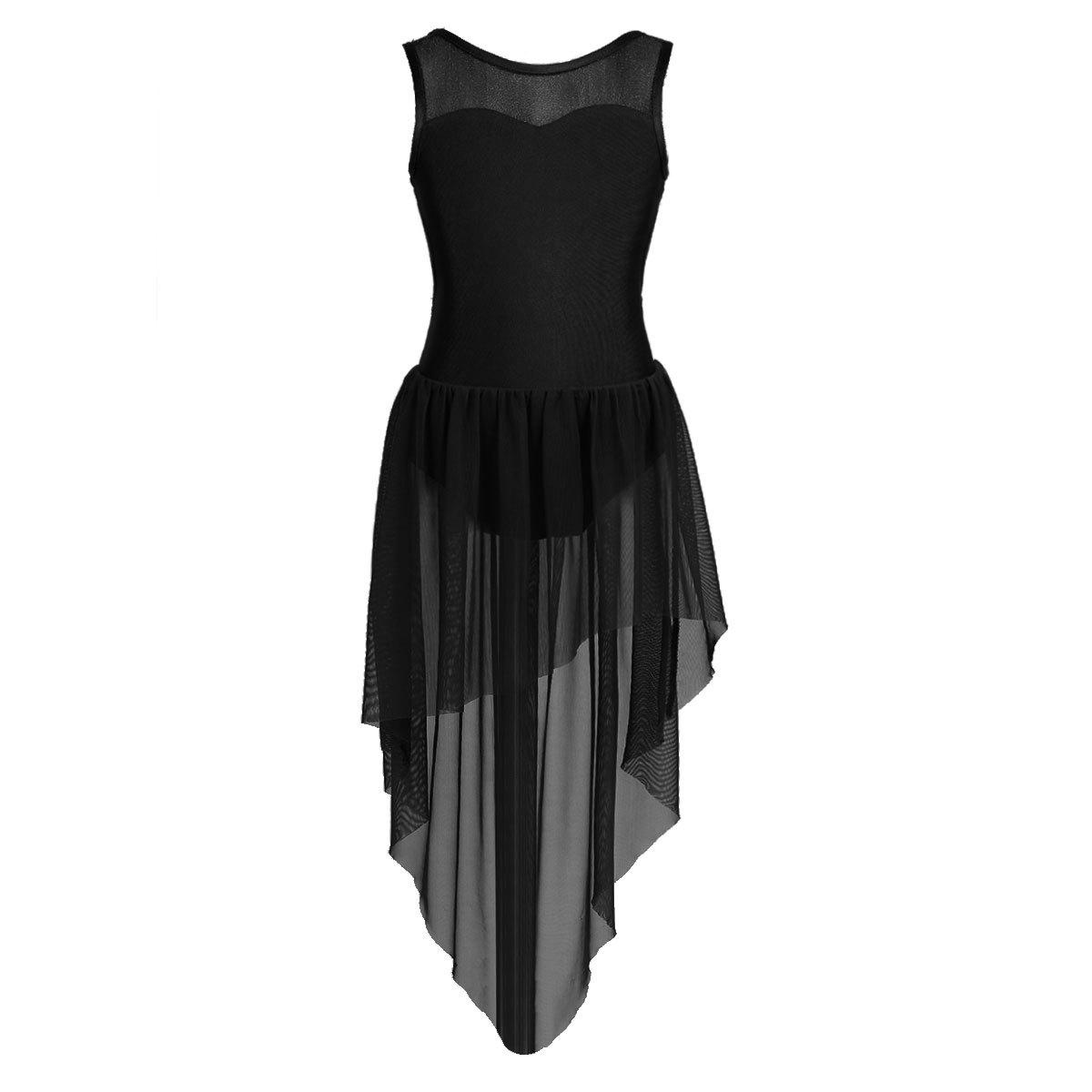 IEFiEL Kinderen Meisjes Mouwloos Splice Open Rug Hoog-laag Zoom Ballet Dans Gymnastiek Leotard Jurk 11-12 Years zwart