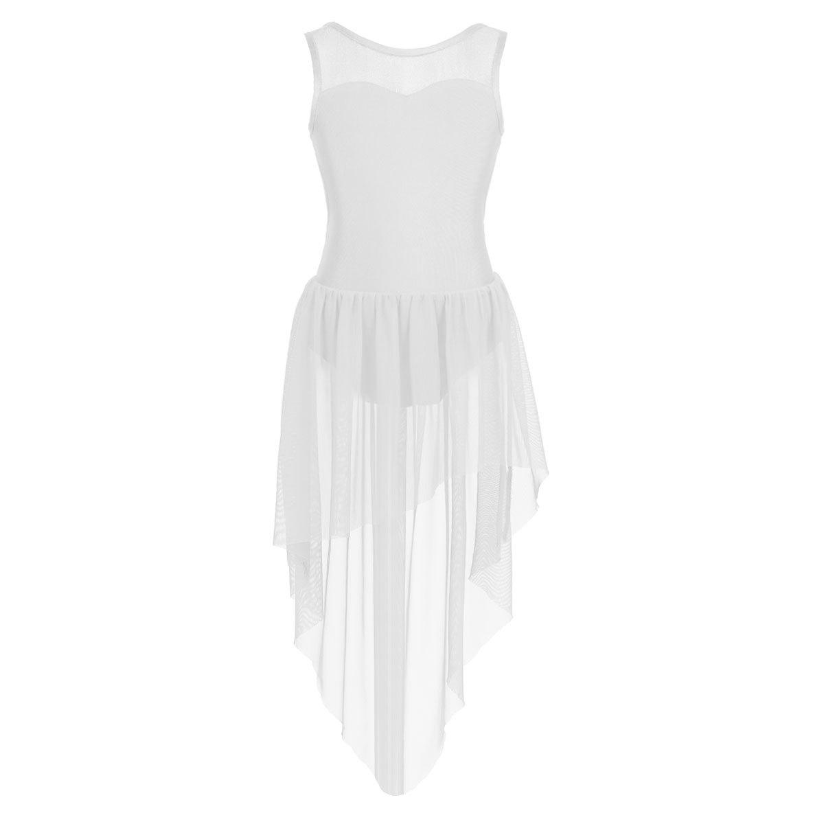 IEFiEL Kinderen Meisjes Mouwloos Splice Open Rug Hoog-laag Zoom Ballet Dans Gymnastiek Leotard Jurk 13-14 Years wit