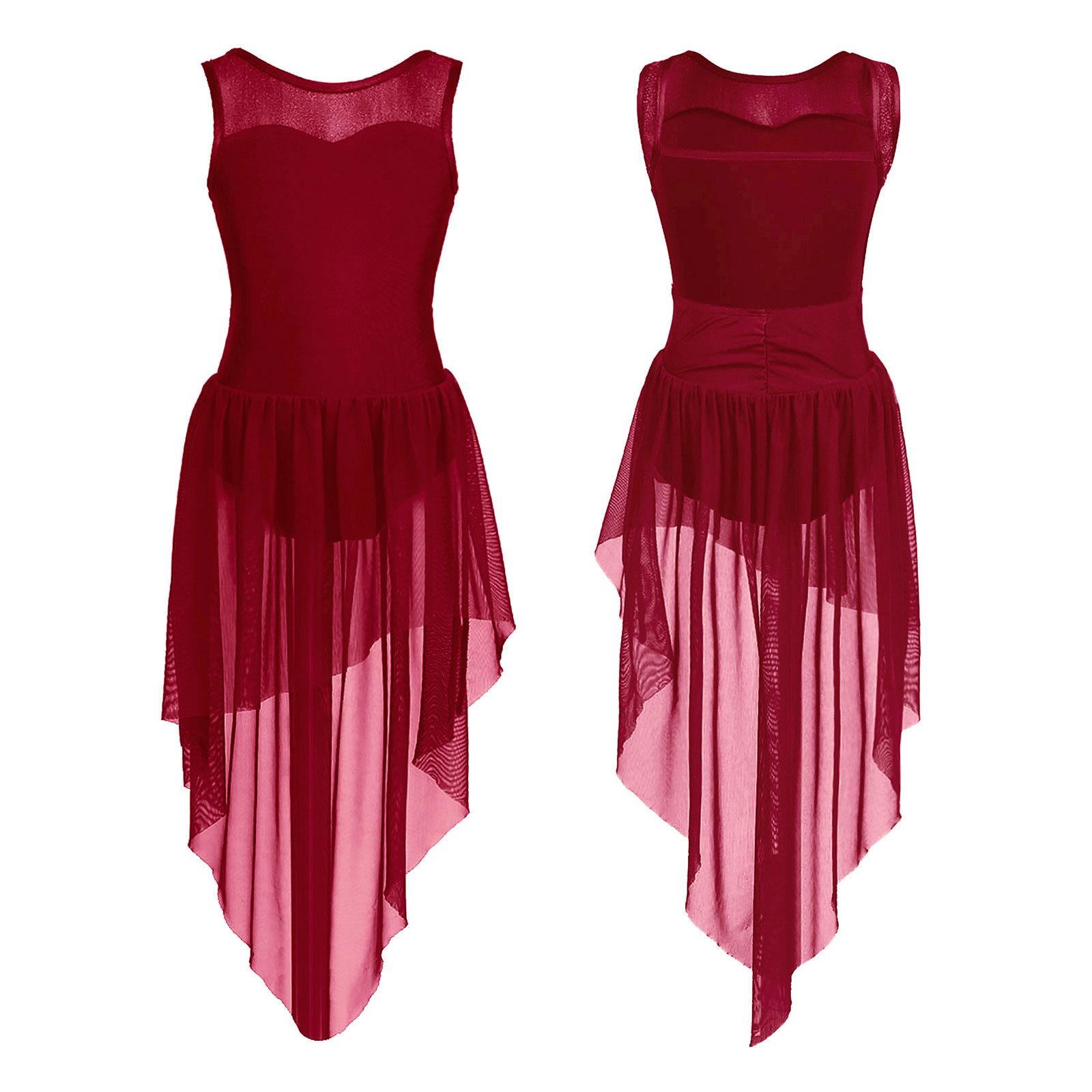 IEFiEL Kinderen Meisjes Mouwloos Splice Open Rug Hoog-laag Zoom Ballet Dans Gymnastiek Leotard Jurk 9-10 Years bordeaux