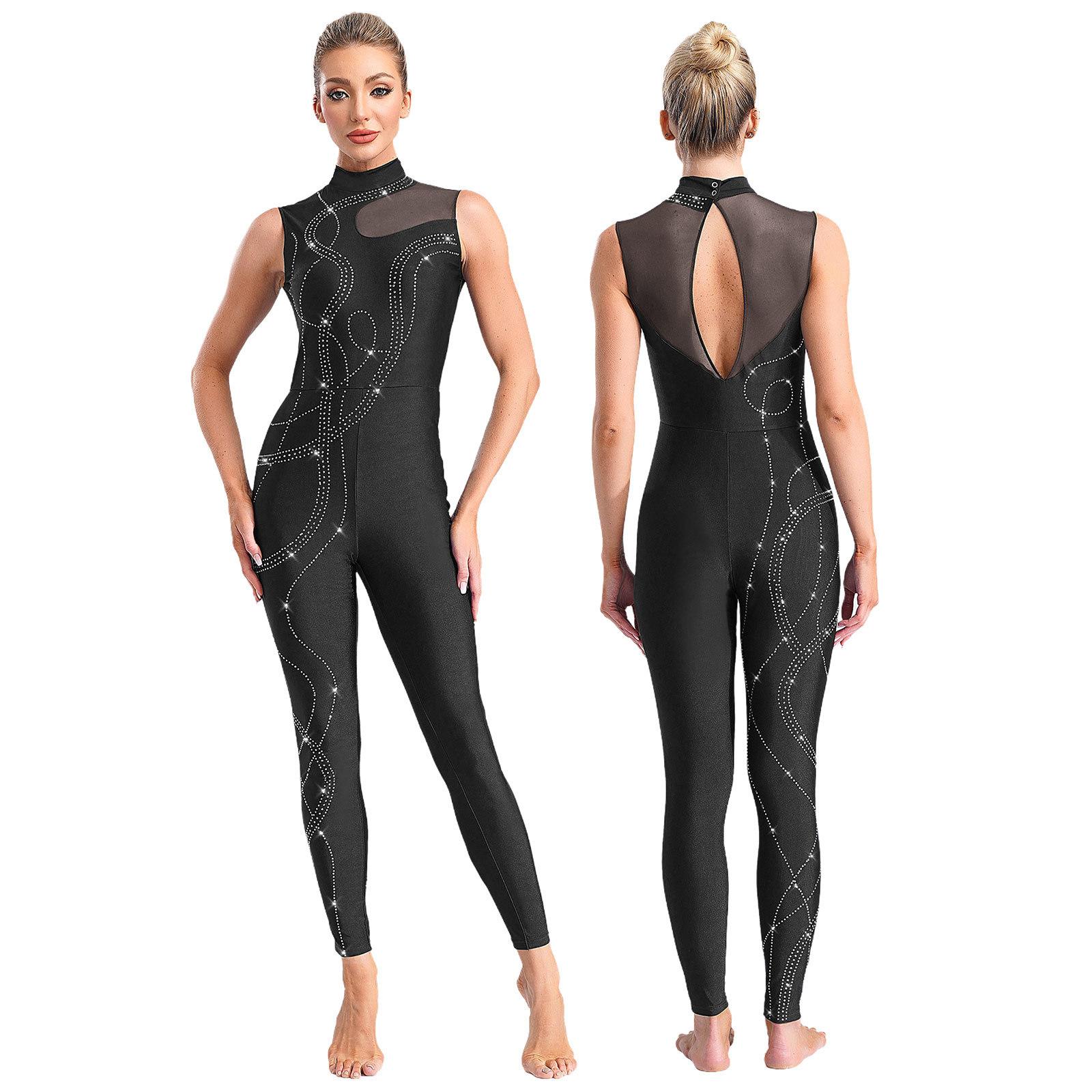 IEFiEL Dames glanzende strass gymnastiek kunstschaatsen ballet dans unitards strakke jumpsuit performance bodysuit kostuum S zwart
