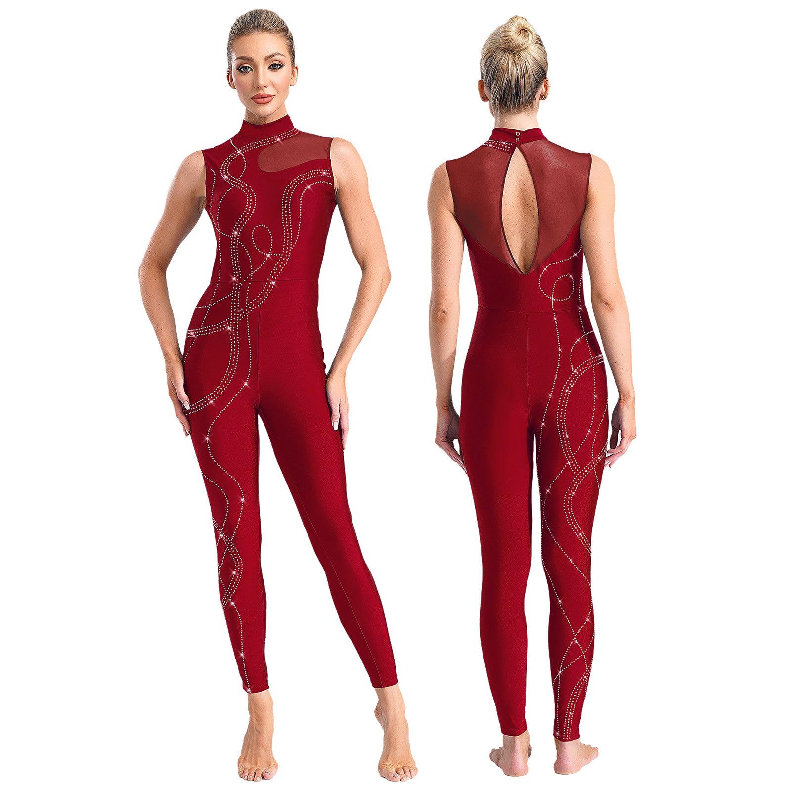 IEFiEL Dames glanzende strass gymnastiek kunstschaatsen ballet dans unitards strakke jumpsuit performance bodysuit kostuum S bordeaux