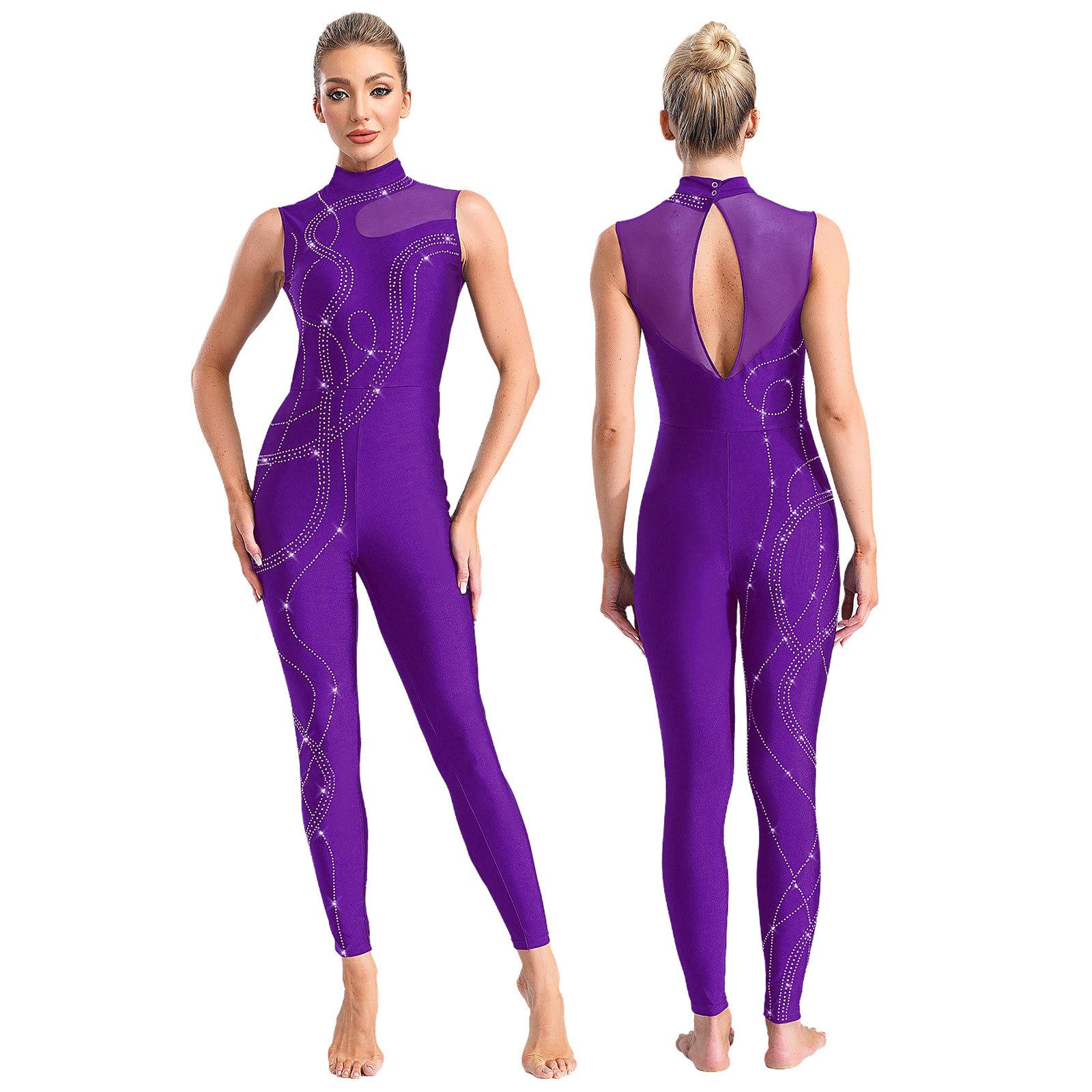 IEFiEL Dames glanzende strass gymnastiek kunstschaatsen ballet dans unitards strakke jumpsuit performance bodysuit kostuum S paars