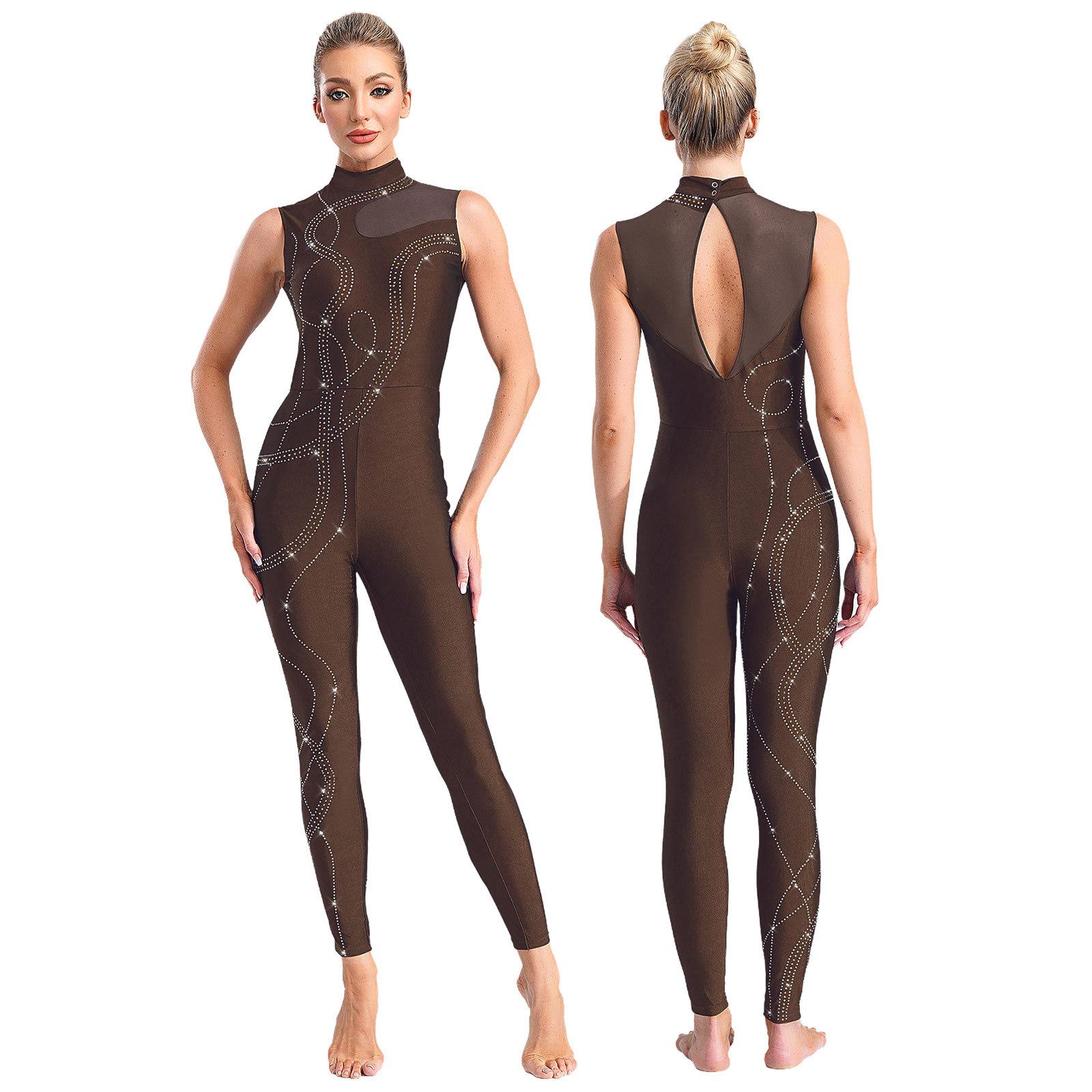IEFiEL Dames glanzende strass gymnastiek kunstschaatsen ballet dans unitards strakke jumpsuit performance bodysuit kostuum XXL bruin