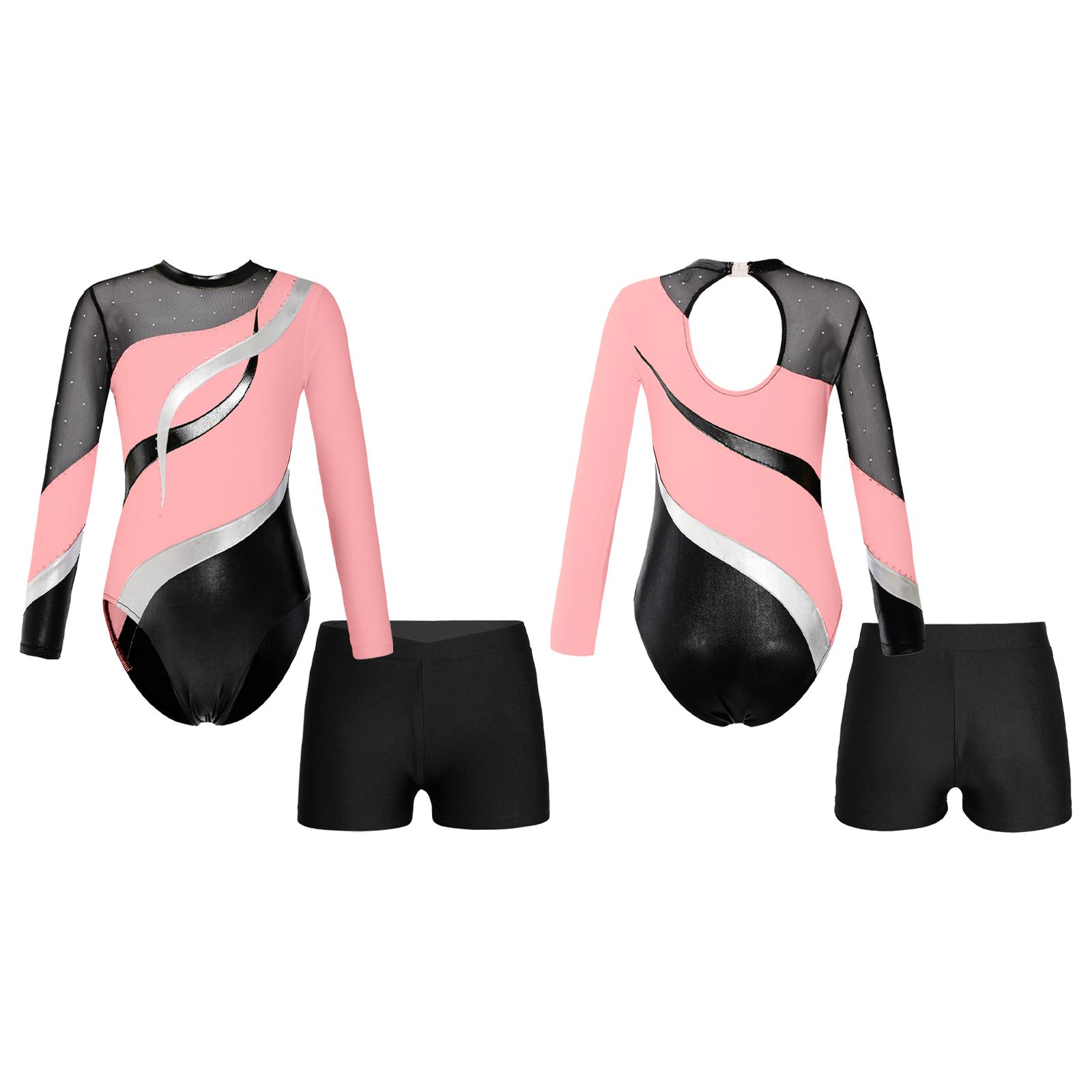 IEFiEL 2 Meisjes lange mouw Mesh Splice Gymnastiek Turnpakje Kids Atletische Jumpsuit Balletdansoutfits 13-14 Years roze