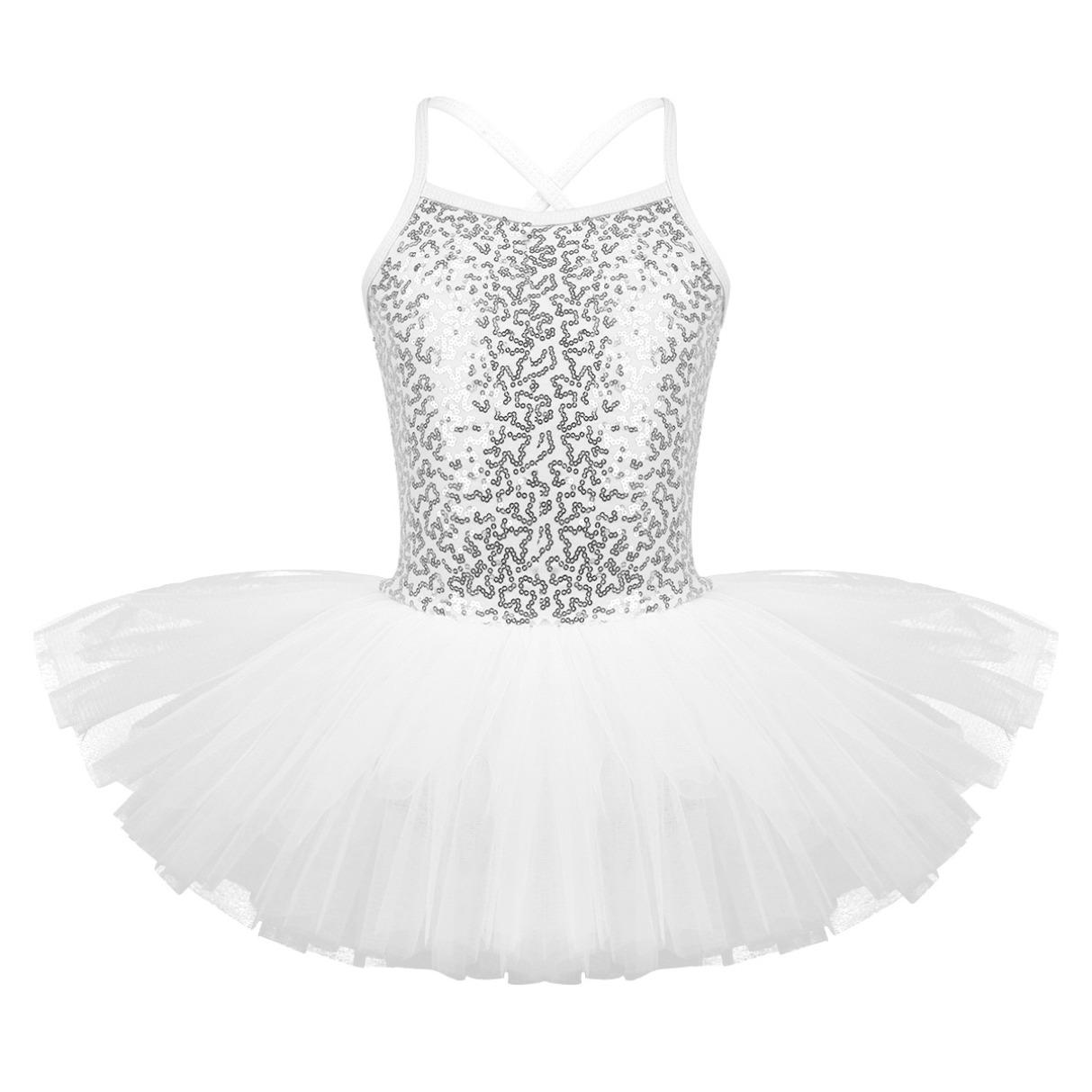 Ranrann Kinderen meisjes glanzende lovertjes Tutu ballet turnpakje jurk danskleding 6-7 Years wit