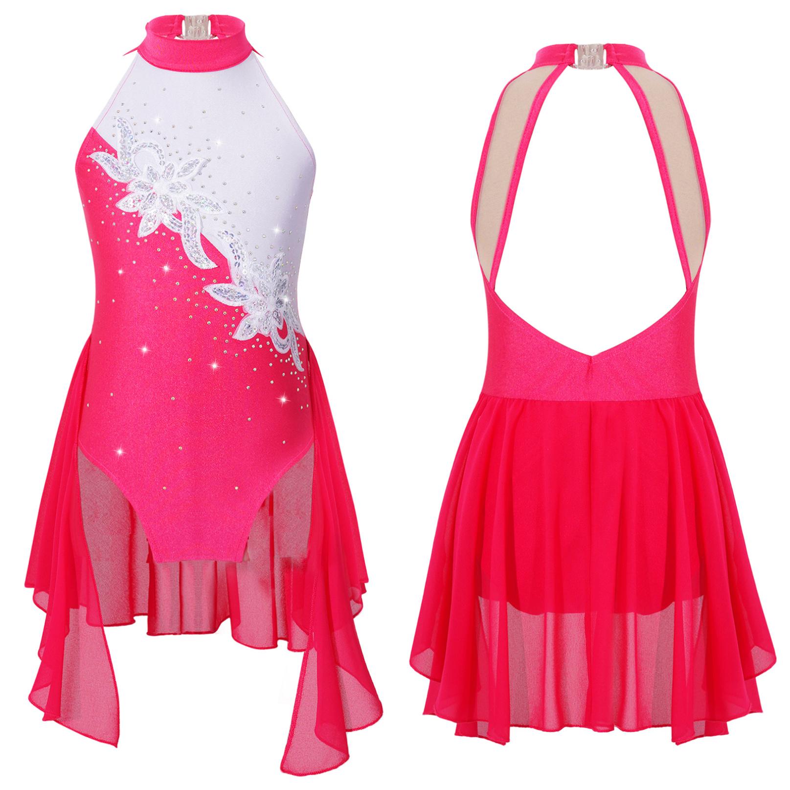 Inhzoy Pailletten Ballet Rok Leotard Dansjurk Kinderen Meisjes Mouwloos Strass Gymnastiek Lyrische Kunstschaatsjurk 11-12 Years warm roze kleur