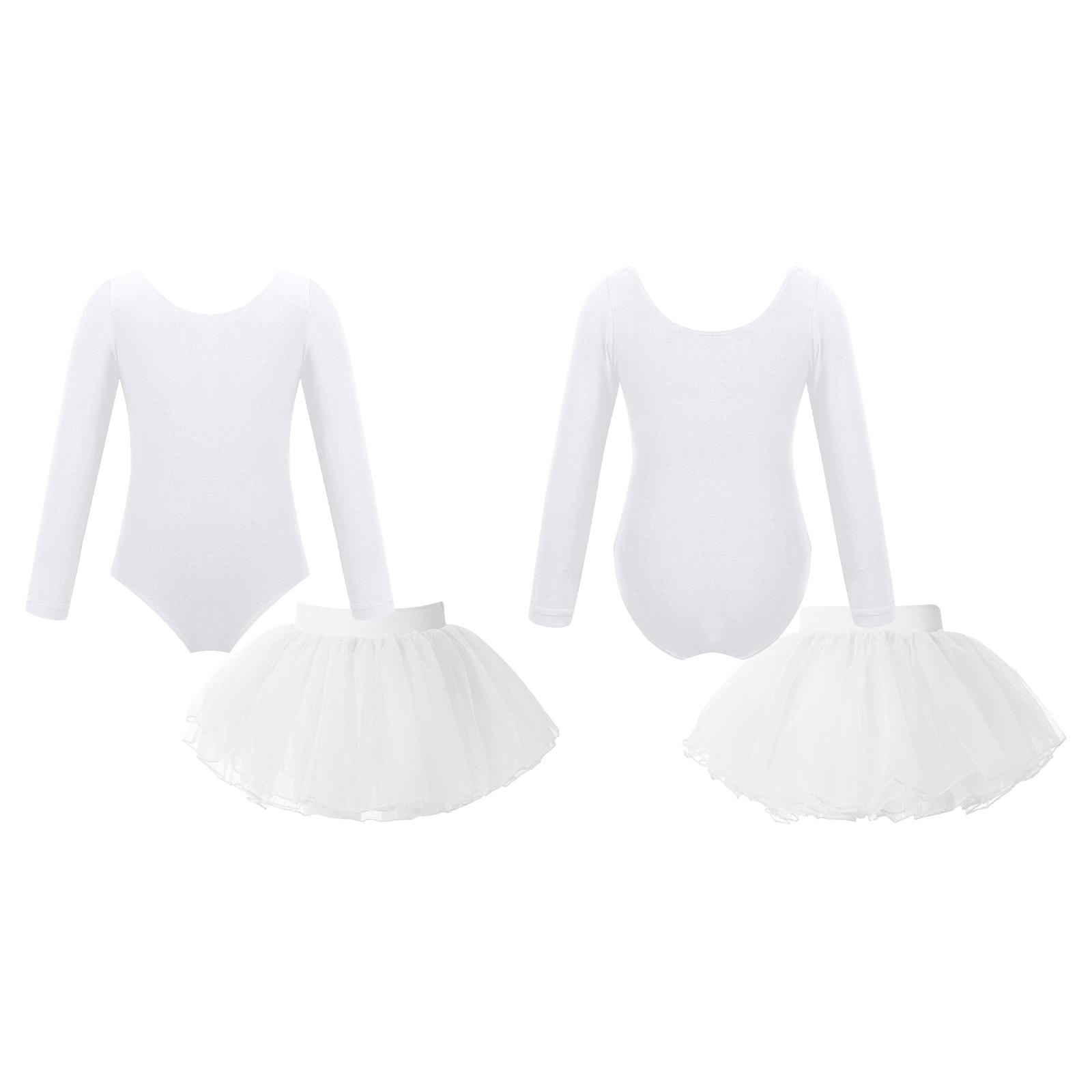 RUNQHUI Kinderen meisjes stijlvolle balletdanskleding set maillots met lange mouwen en elastische tailleband Tutu rok 7-8 Years wit