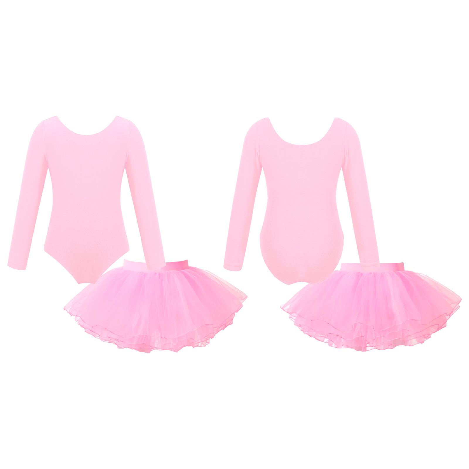 RUNQHUI Kinderen meisjes stijlvolle balletdanskleding set maillots met lange mouwen en elastische tailleband Tutu rok 5-6 Years roze