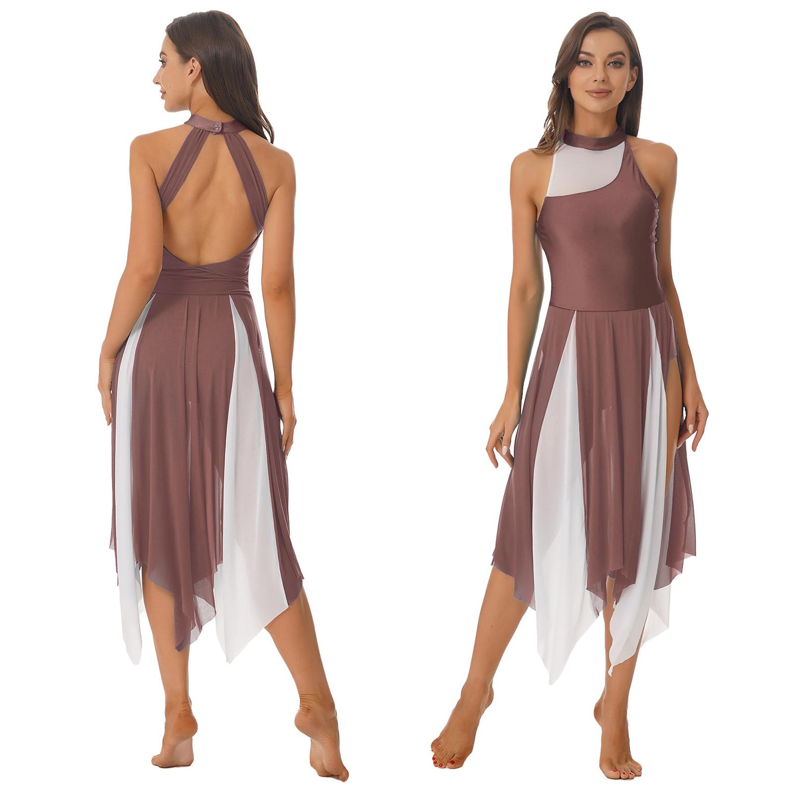 RUNQHUI Dames kleurblok patchwork halterjurk split pure mesh onregelmatige zoom dansjurken prestatiekostuum XXL bruin