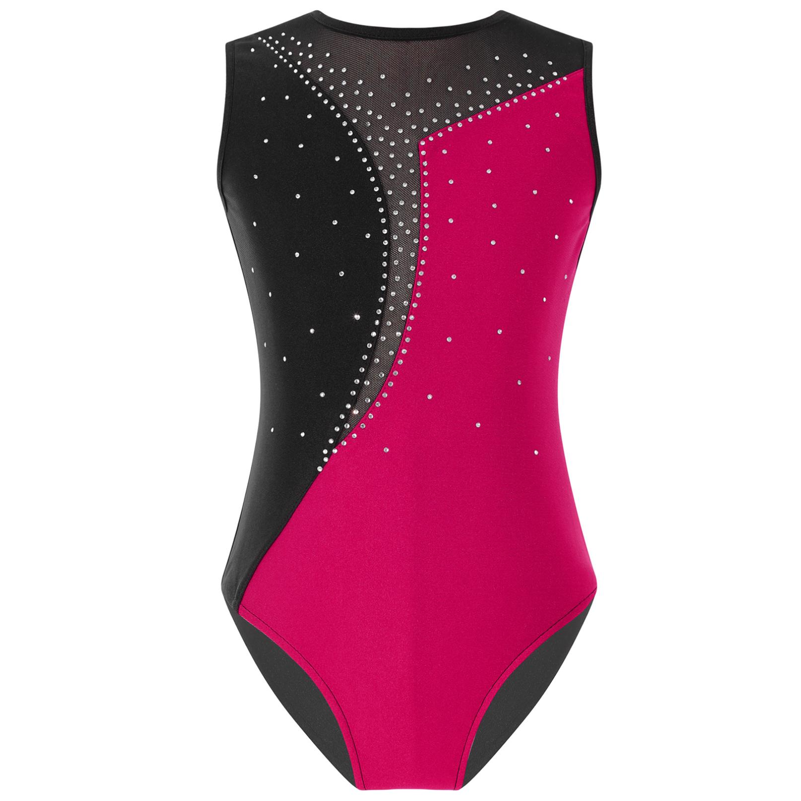 Yeahdor Kinderen meisjes sprankelende strass mouwloze gymnastiek turnpakje bodysuit ballet danskleding 15-16 Years warm roze kleur