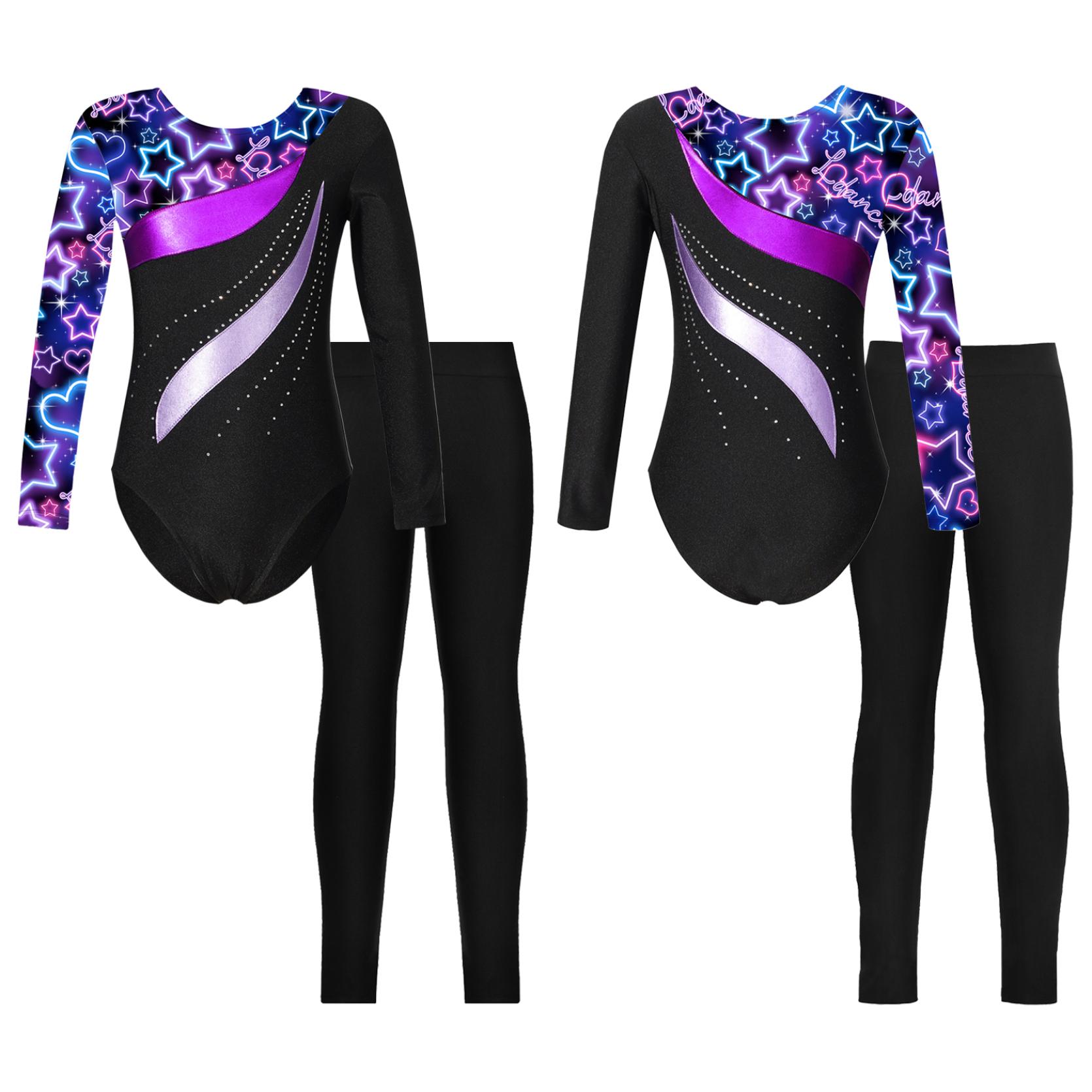 IEFiEL 2 Glanzend turnpakje voor kinderen, meisjes, lange mouwen, met atletische leggings, dansgymnastiek, prestatiekostuum 13-14 Years paars/marineblauwe kleur