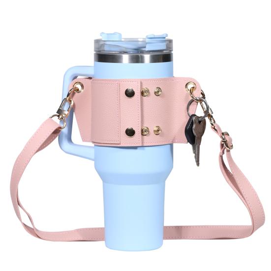 MUQZI Waterfleshouder met verstelbare riem Stevige sluiting Grote dragende kunstleren beker Crossbody Onderarm Waterflesdrager Water roze