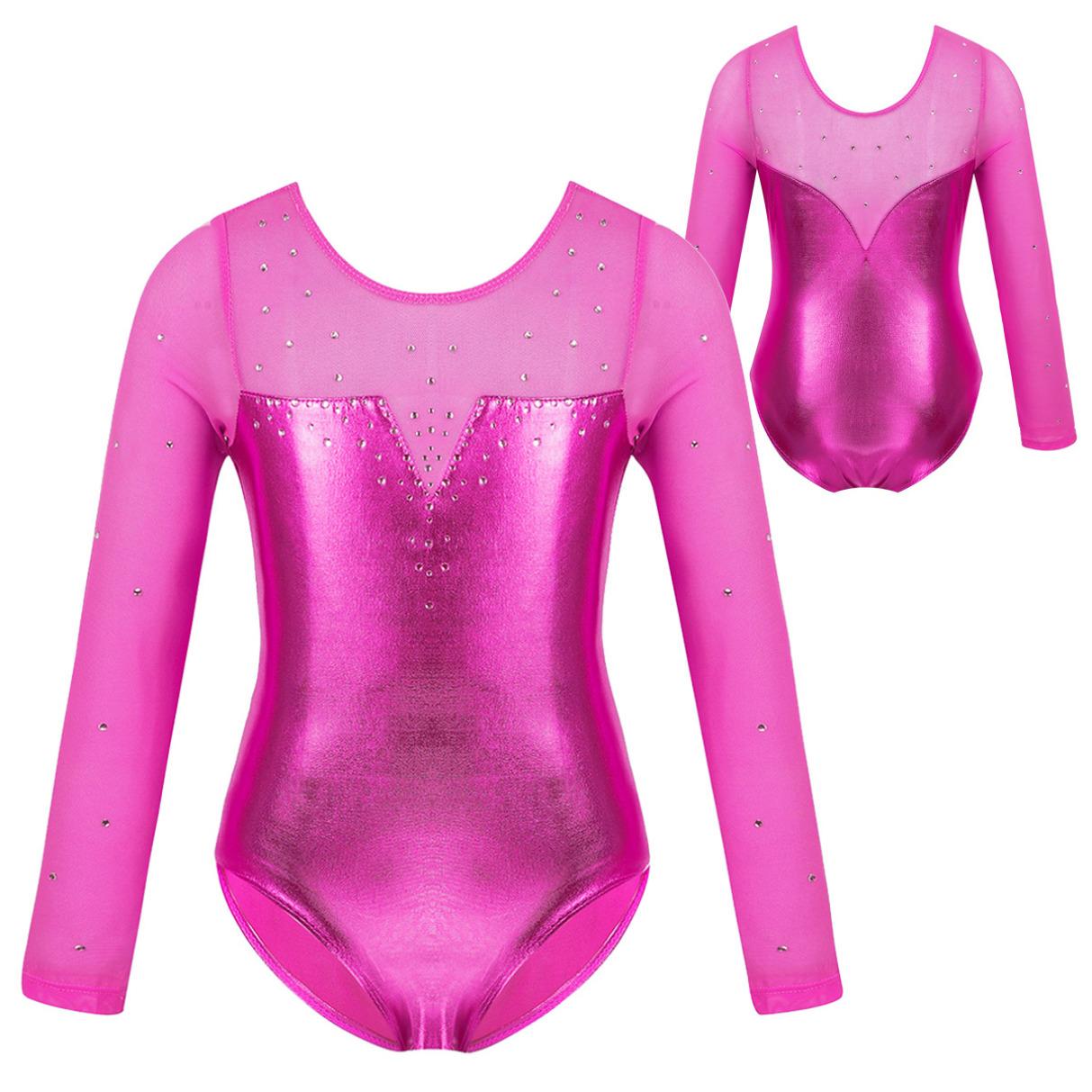 HULIJA Gymnastiek Turnpakje Meisjes Kids Mesh Lange Mouw Sparkly Strass Metallic Ballet Dans Turnpakje 3-4 Years helder roze