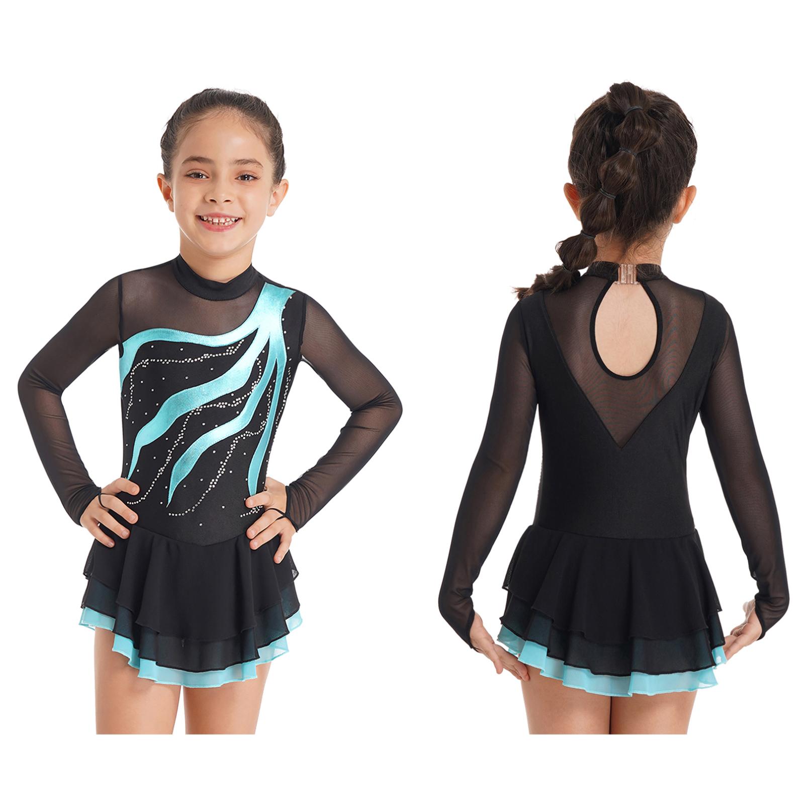 Manyakai Kinderen Meisjes Glanzende Kunstschaatsjurk Lange Mouw Ballet Tutu Gymnastiek Dans Turnpakje Jurk Dancewear 11-12 Years meer groene kleur