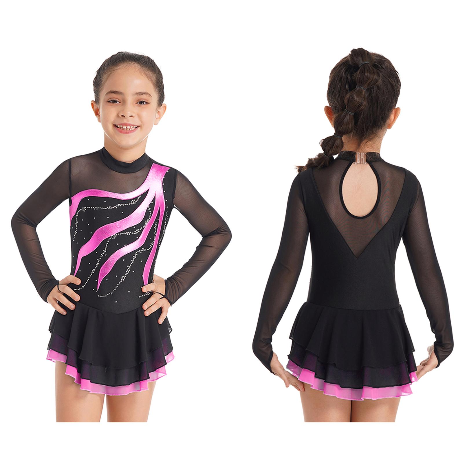 Manyakai Kinderen Meisjes Glanzende Kunstschaatsjurk Lange Mouw Ballet Tutu Gymnastiek Dans Turnpakje Jurk Dancewear 5-6 Years warm roze kleur